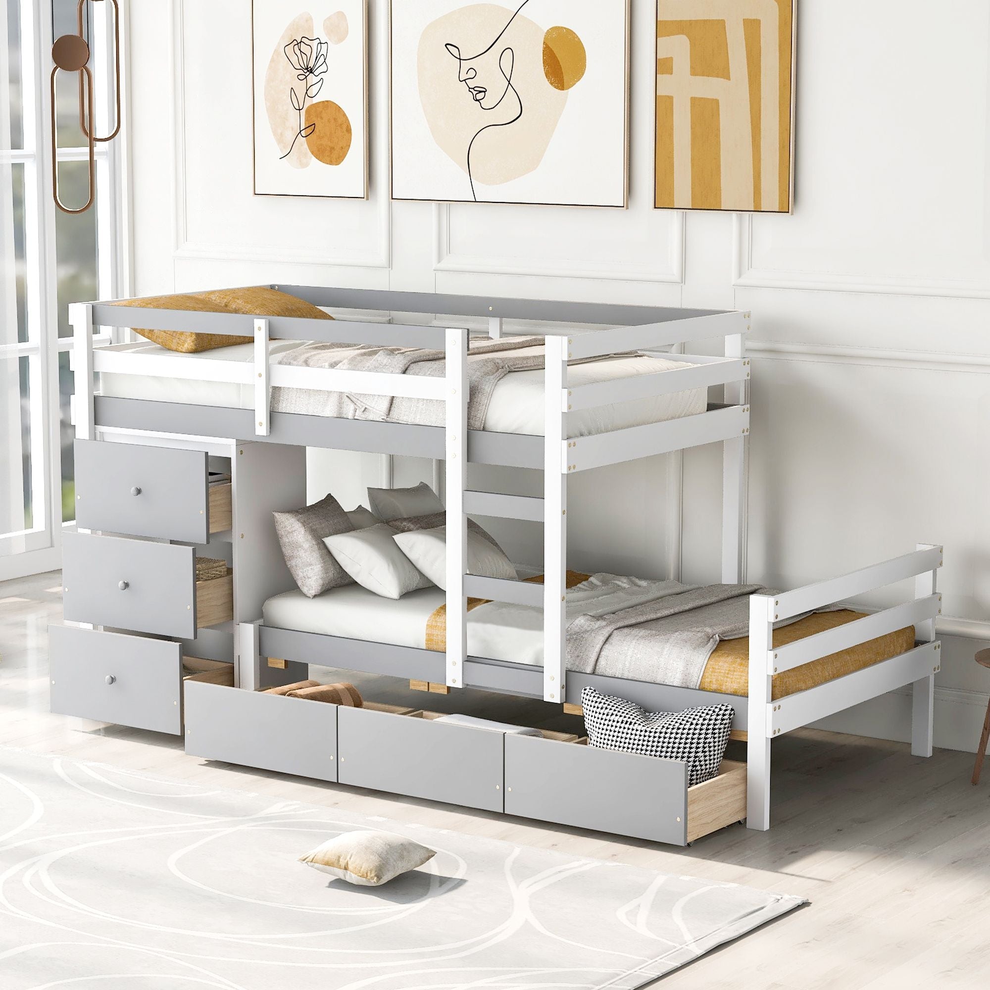 Kids Shared Room Twin Over Twin Wood Loft Bunk Bed with Drawers and Ladder Gray | Just Better Bunk Beds