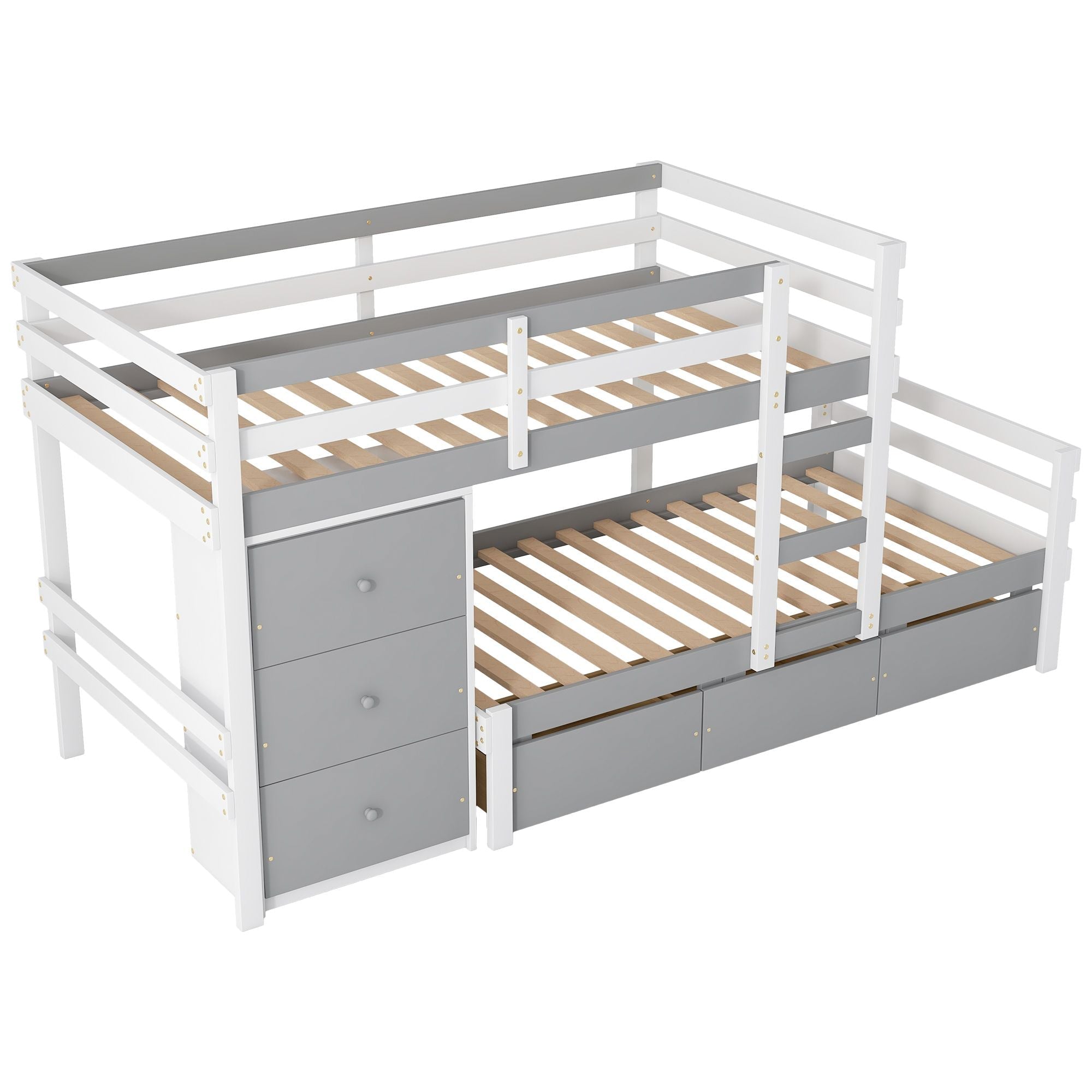 Kids Shared Room Twin Over Twin Wood Loft Bunk Bed with Drawers and Ladder Gray | Just Better Bunk Beds