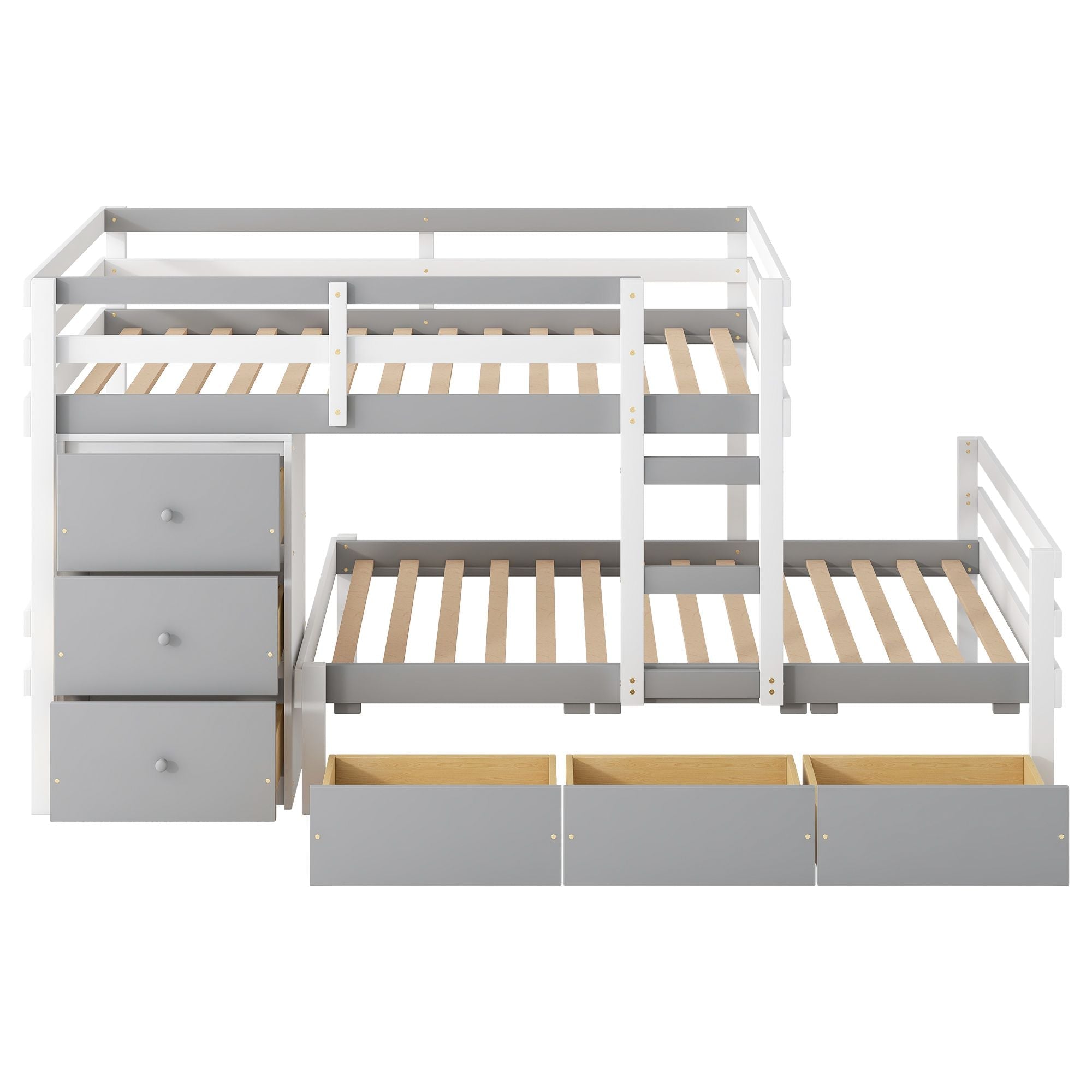Kids Shared Room Twin Over Twin Wood Loft Bunk Bed with Drawers and Ladder Gray | Just Better Bunk Beds