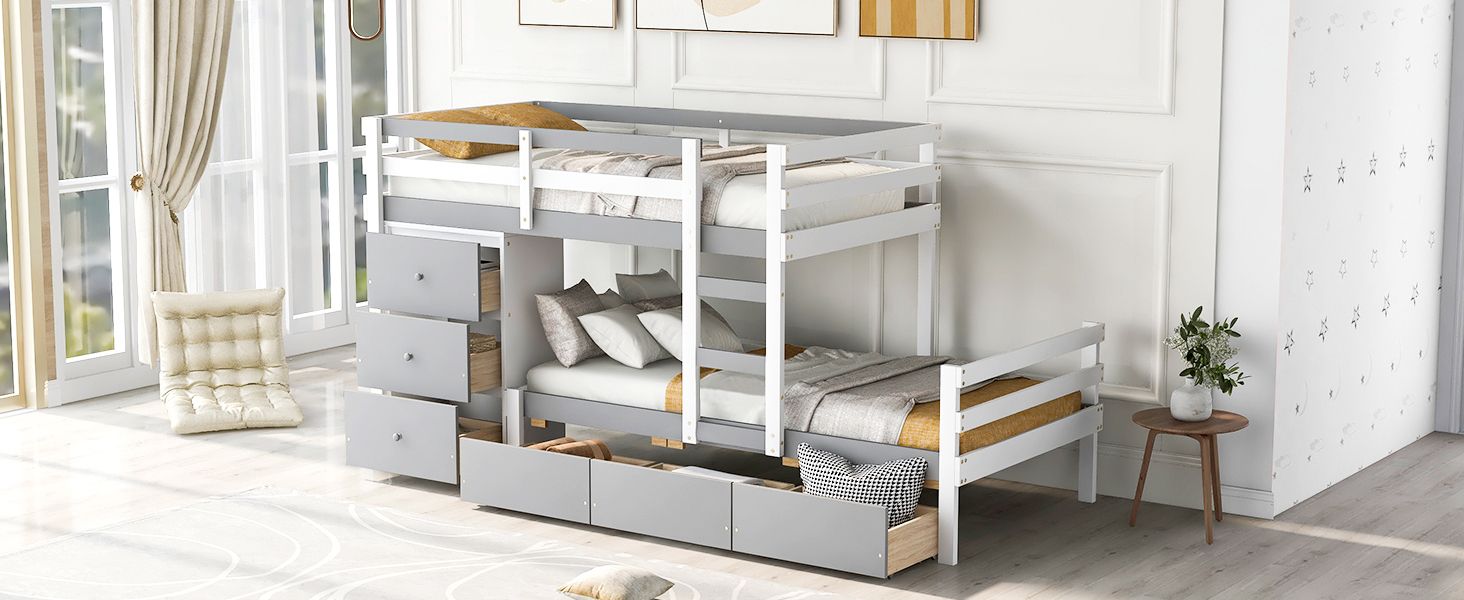 Kids Shared Room Twin Over Twin Wood Loft Bunk Bed with Drawers and Ladder Gray | Just Better Bunk Beds