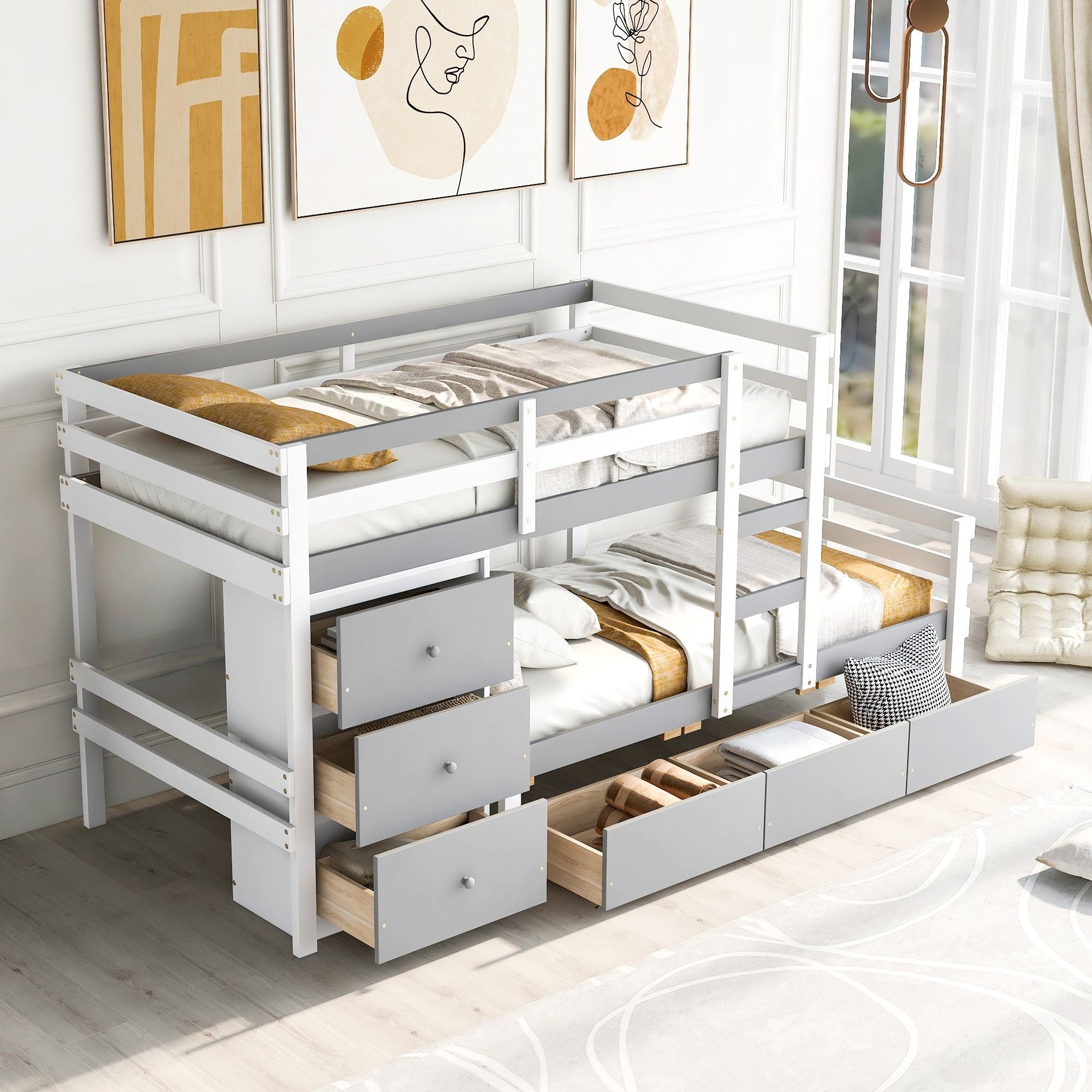 Kids Shared Room Twin Over Twin Wood Loft Bunk Bed with Drawers and Ladder Gray | Just Better Bunk Beds