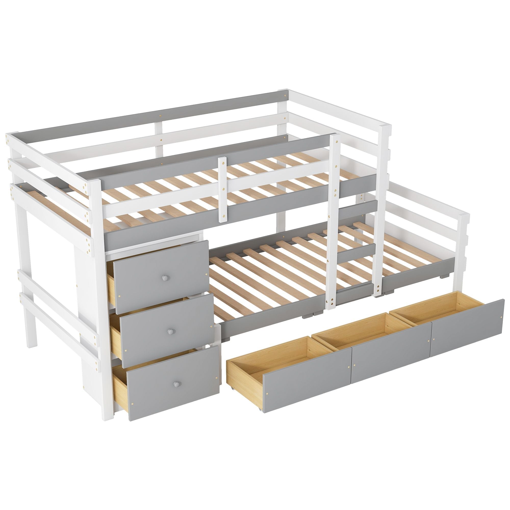 Kids Shared Room Twin Over Twin Wood Loft Bunk Bed with Drawers and Ladder Gray | Just Better Bunk Beds