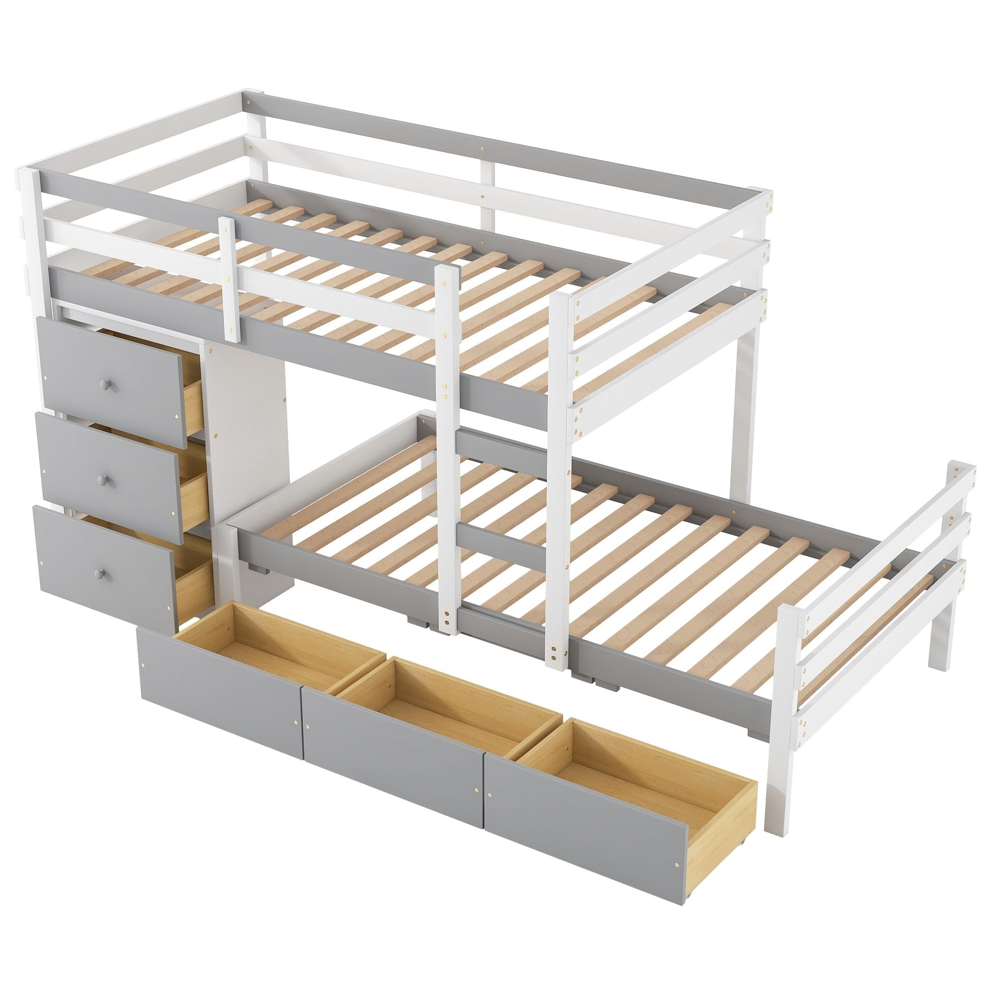 Kids Shared Room Twin Over Twin Wood Loft Bunk Bed with Drawers and Ladder Gray | Just Better Bunk Beds