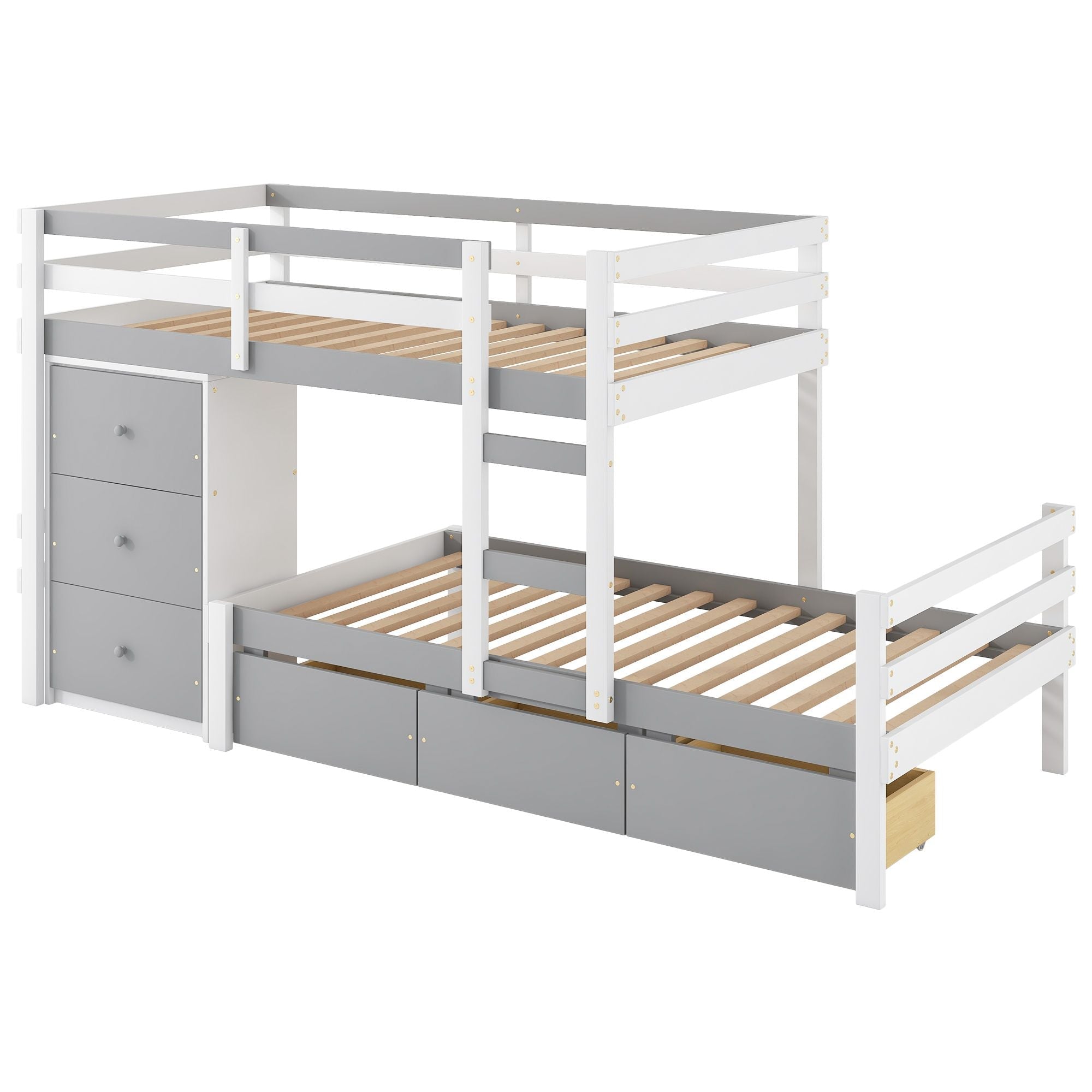 Kids Shared Room Twin Over Twin Wood Loft Bunk Bed with Drawers and Ladder Gray | Just Better Bunk Beds