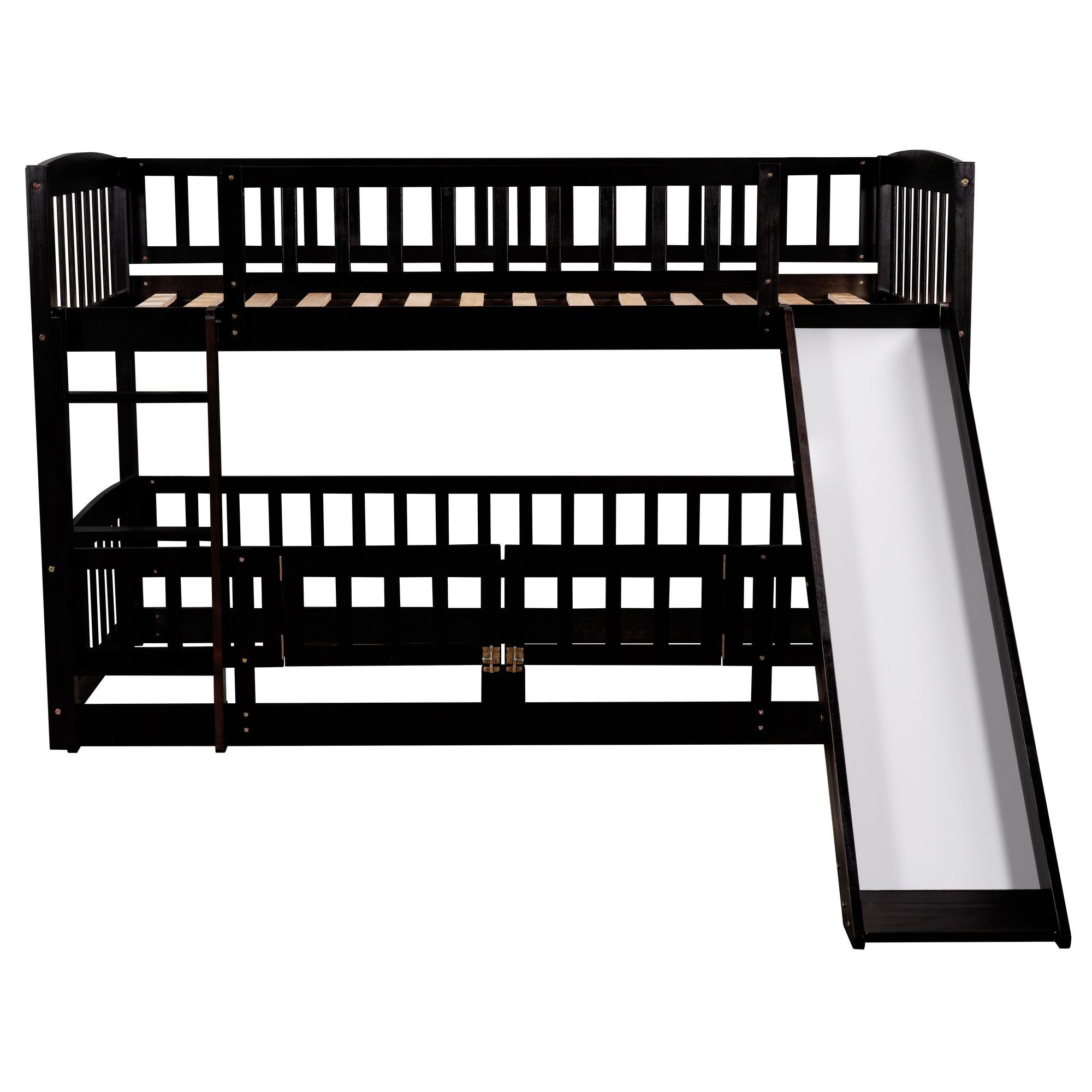 Kids Shared Room Twin Over Twin Wood Low Bunk Bed with Slide, Ladder, and Fence, White, Espresso, Grey | Just Better Bunk Beds