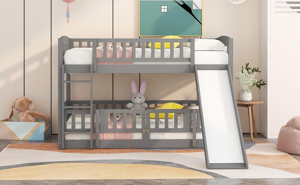 Kids Shared Room Twin Over Twin Wood Low Bunk Bed with Slide, Ladder, and Fence, White, Espresso, Grey | Just Better Bunk Beds