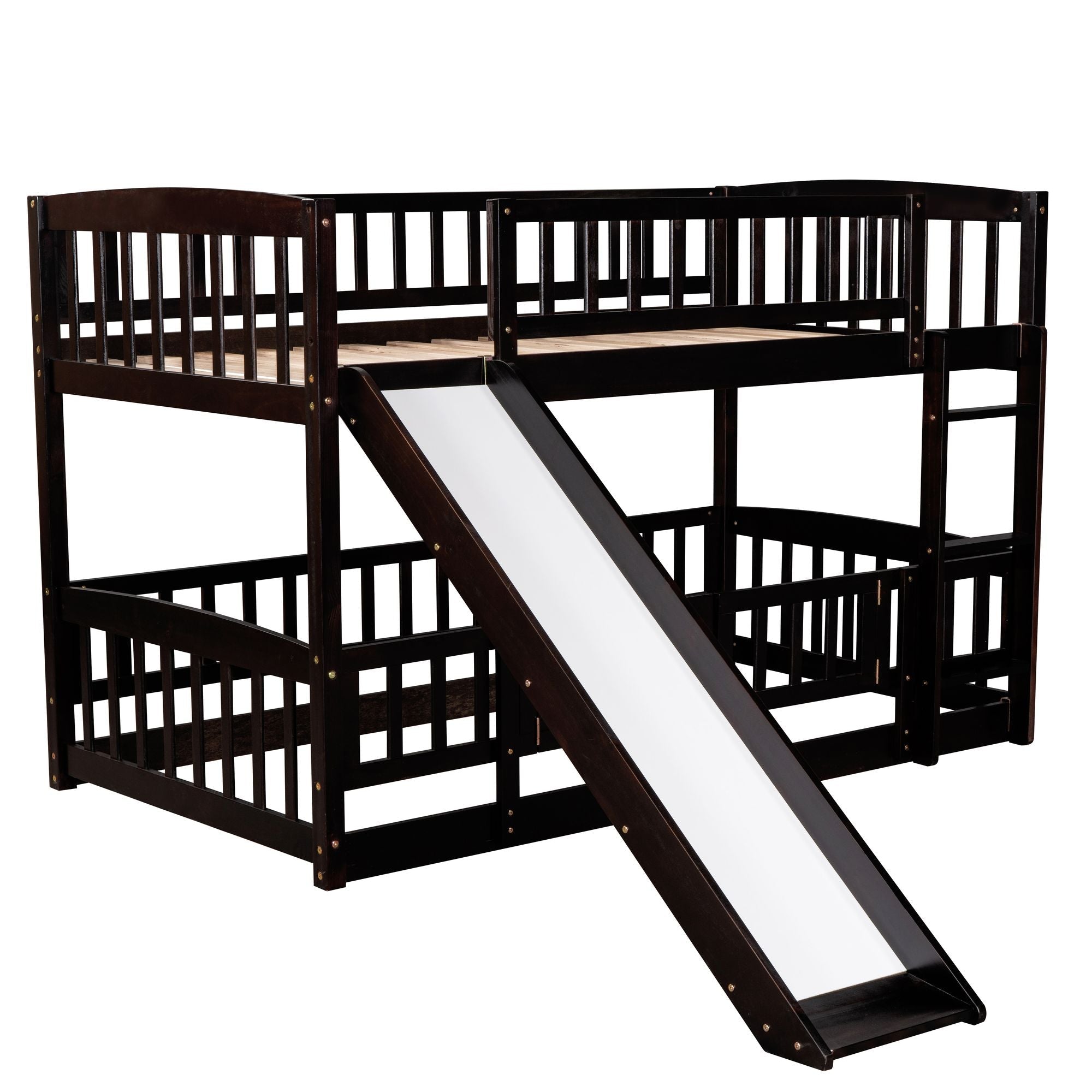 Kids Shared Room Twin Over Twin Wood Low Bunk Bed with Slide, Ladder, and Fence, White, Espresso, Grey | Just Better Bunk Beds