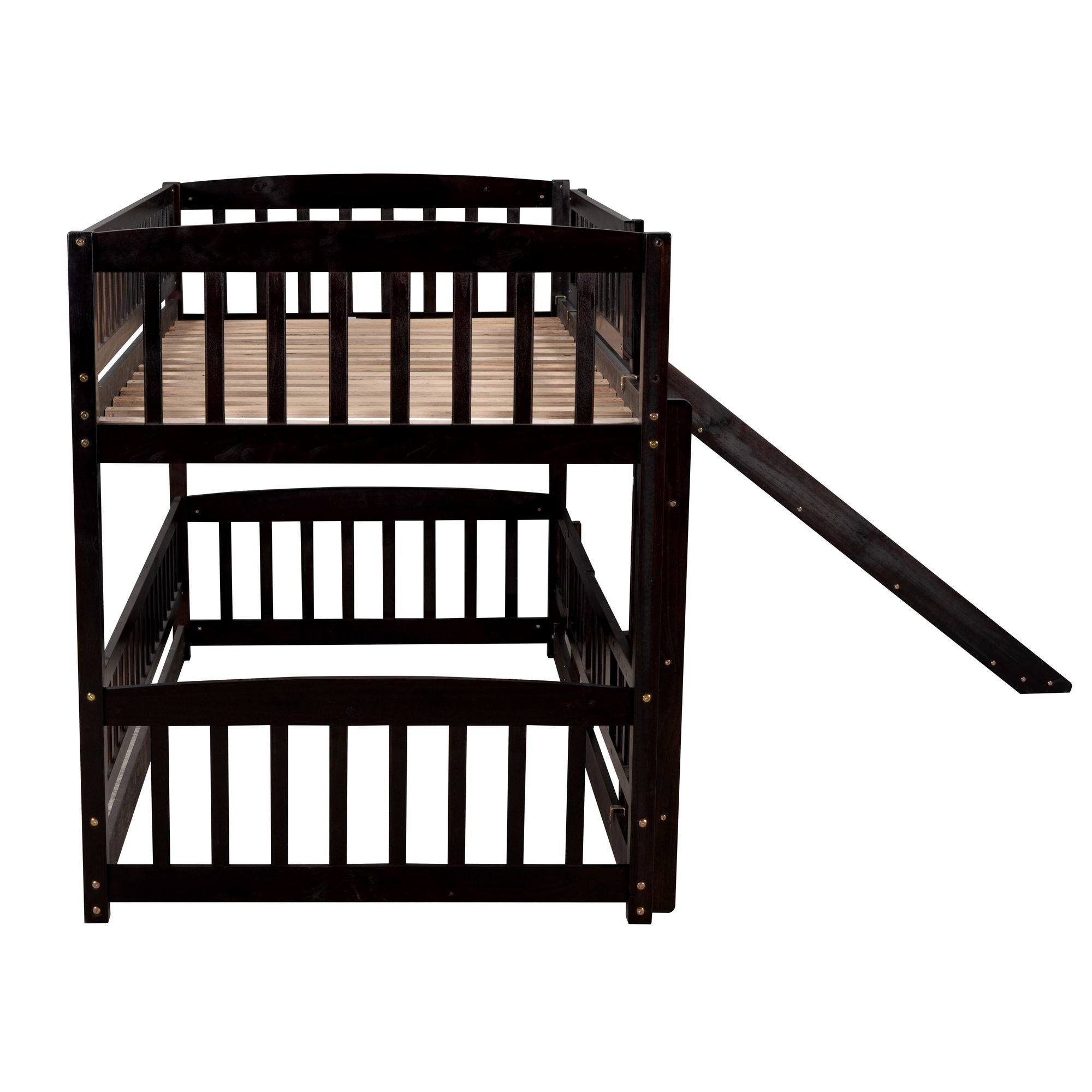 Kids Shared Room Twin Over Twin Wood Low Bunk Bed with Slide, Ladder, and Fence, White, Espresso, Grey | Just Better Bunk Beds