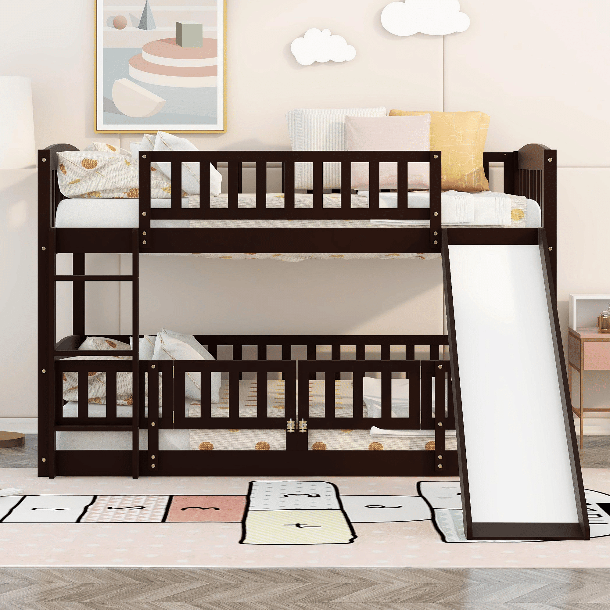 Kids Shared Room Twin Over Twin Wood Low Bunk Bed with Slide, Ladder, and Fence, White, Espresso, Grey | Just Better Bunk Beds