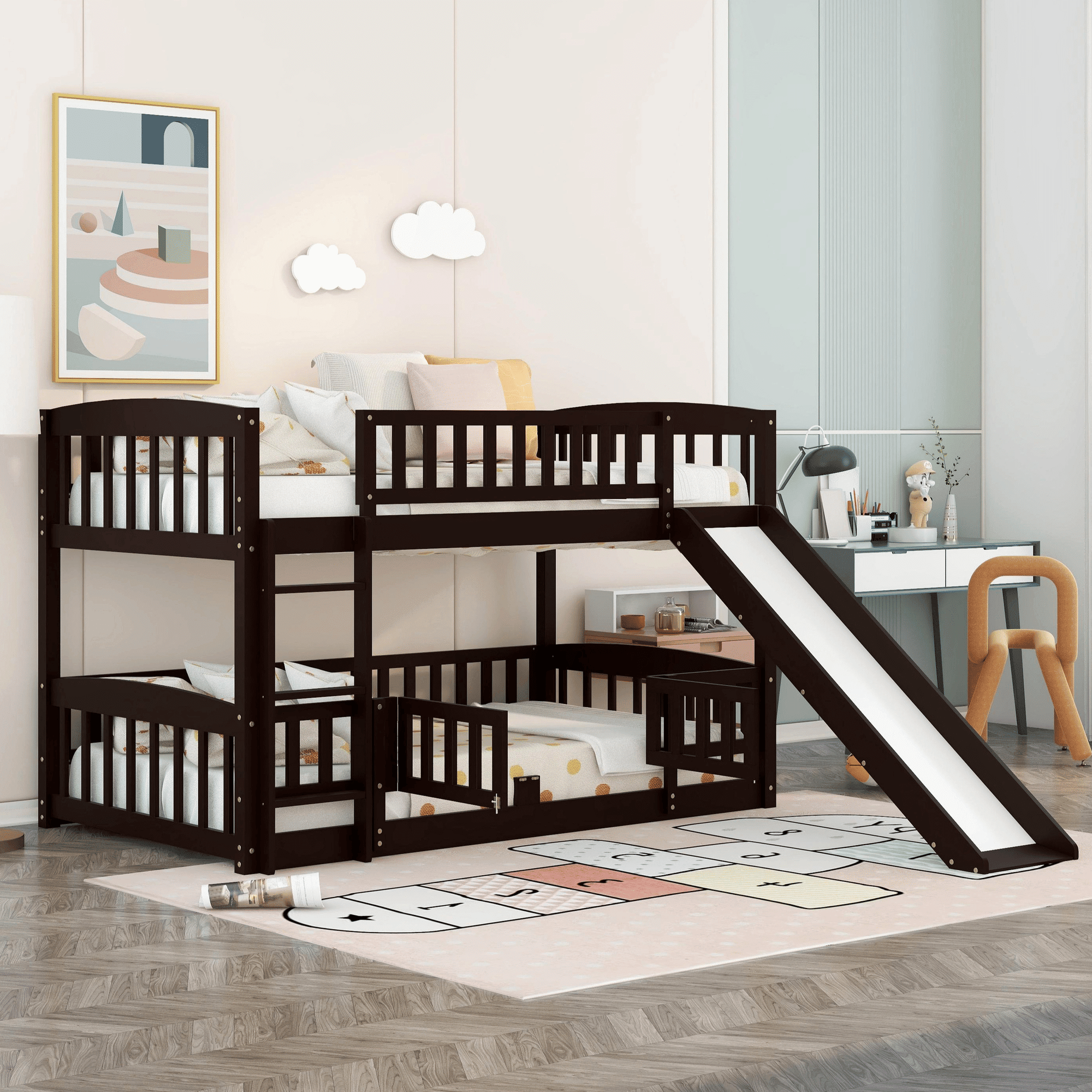 Kids Shared Room Twin Over Twin Wood Low Bunk Bed with Slide, Ladder, and Fence, White, Espresso, Grey | Just Better Bunk Beds
