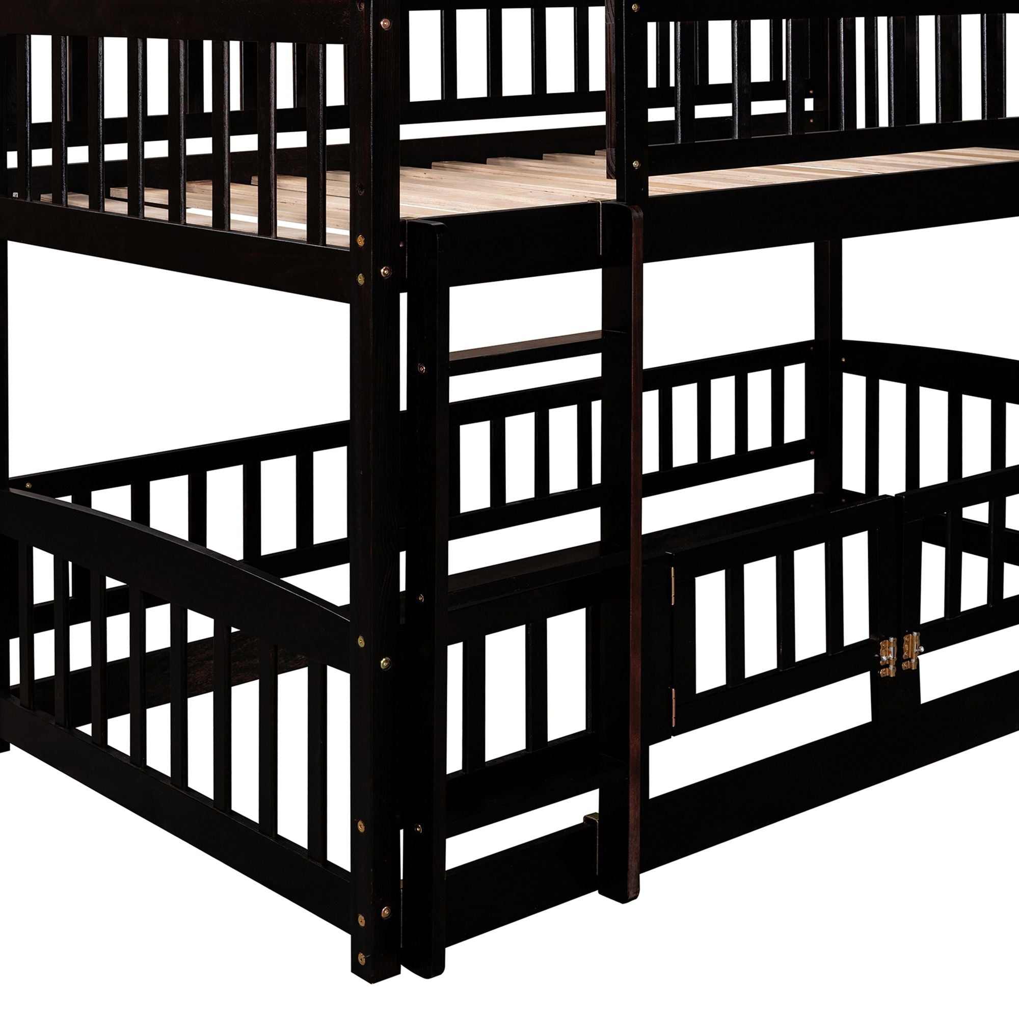Kids Shared Room Twin Over Twin Wood Low Bunk Bed with Slide, Ladder, and Fence, White, Espresso, Grey | Just Better Bunk Beds