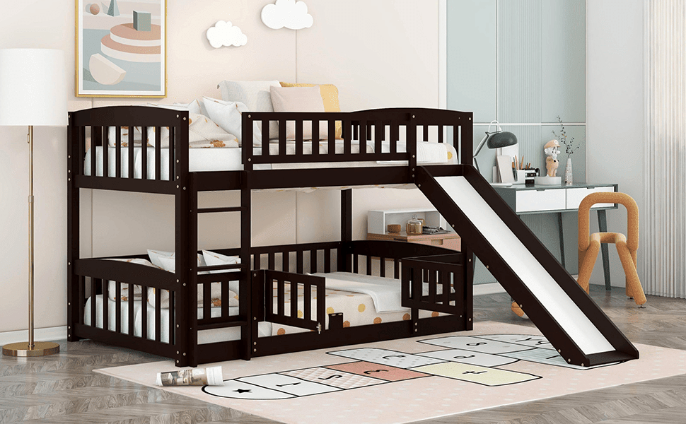 Kids Shared Room Twin Over Twin Wood Low Bunk Bed with Slide, Ladder, and Fence, White, Espresso, Grey | Just Better Bunk Beds