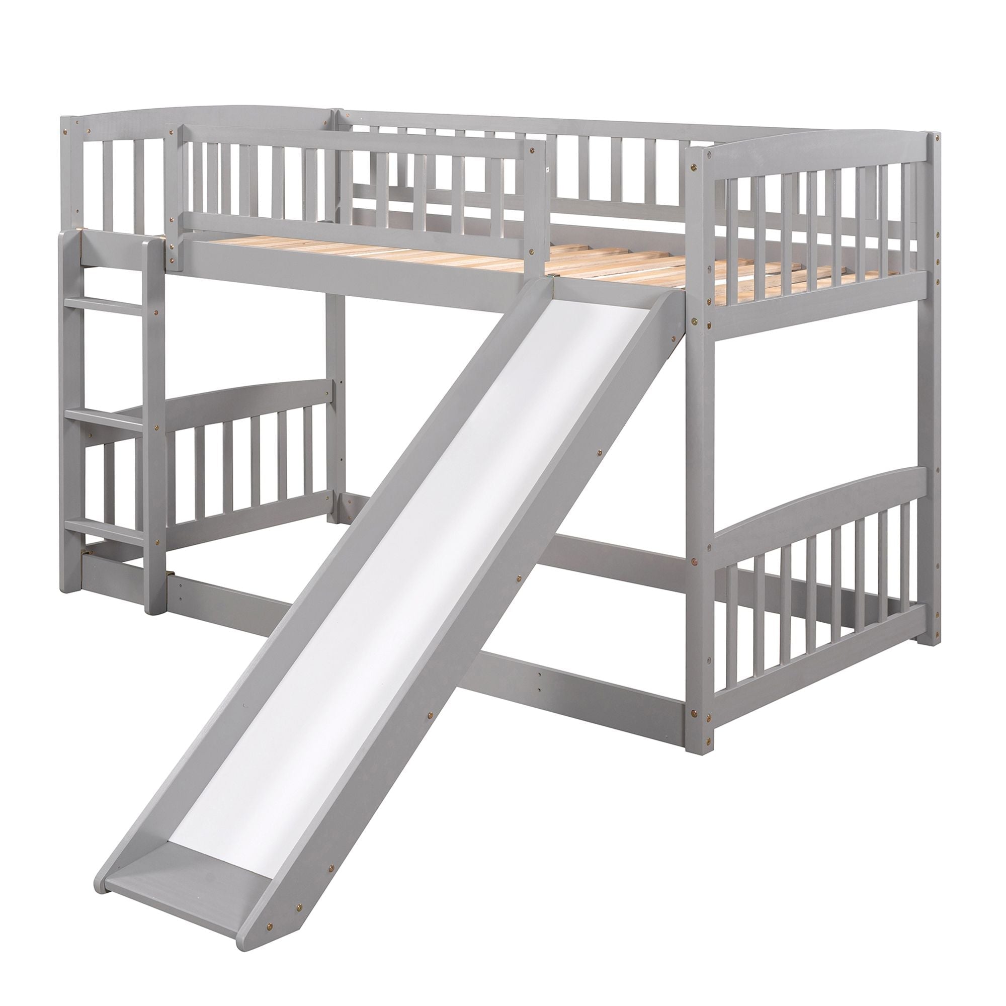 Kids Shared Room Twin Over Twin Wood Low Bunk Bed with Slide, Ladder, and Fence, White, Espresso, Grey | Just Better Bunk Beds