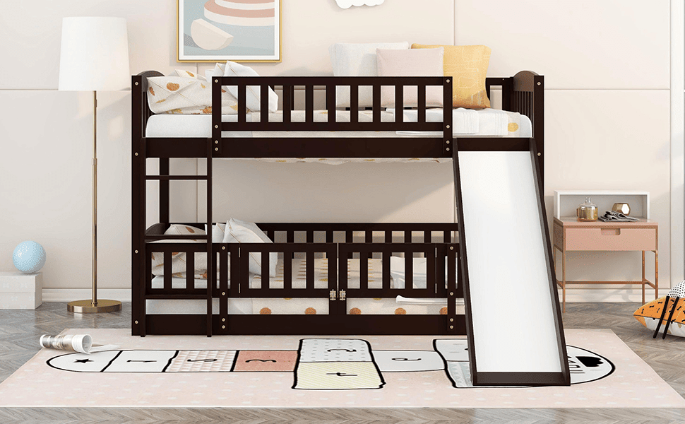 Kids Shared Room Twin Over Twin Wood Low Bunk Bed with Slide, Ladder, and Fence, White, Espresso, Grey | Just Better Bunk Beds