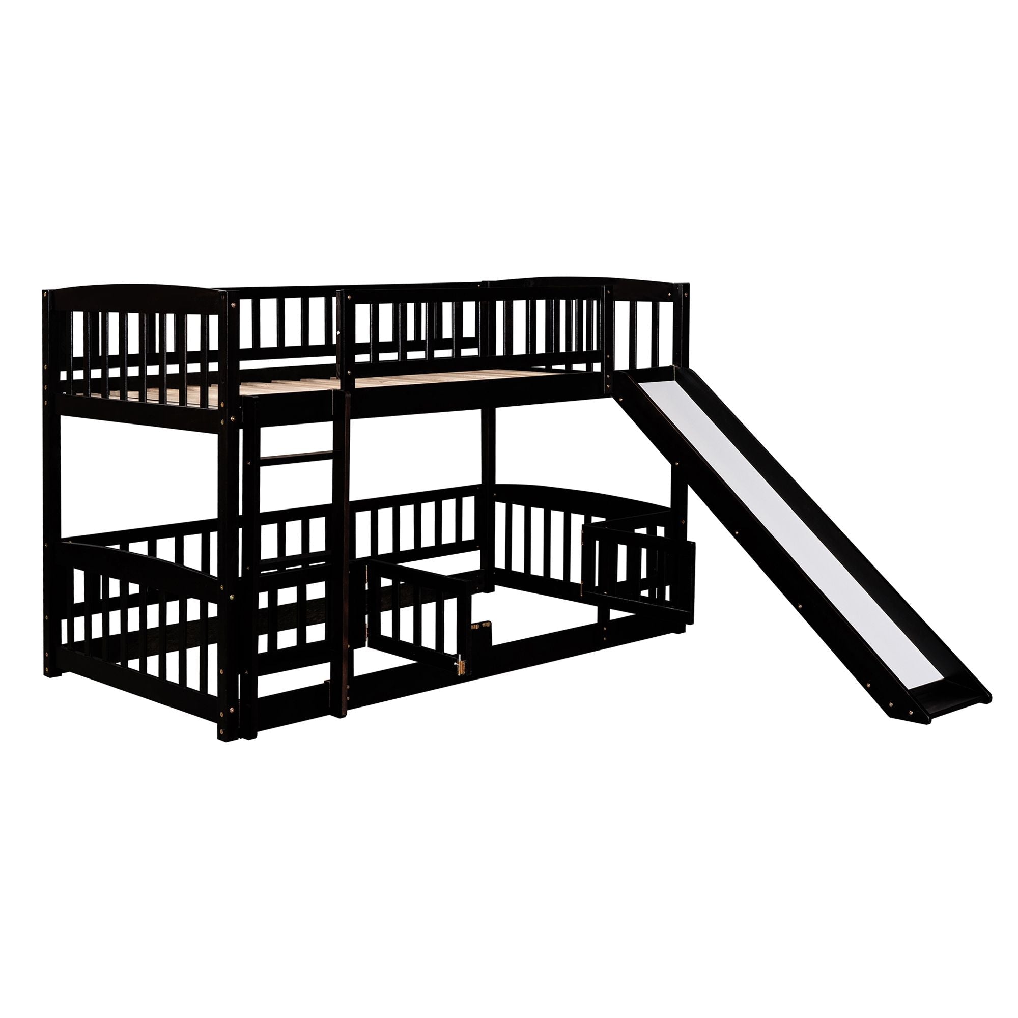 Kids Shared Room Twin Over Twin Wood Low Bunk Bed with Slide, Ladder, and Fence, White, Espresso, Grey | Just Better Bunk Beds