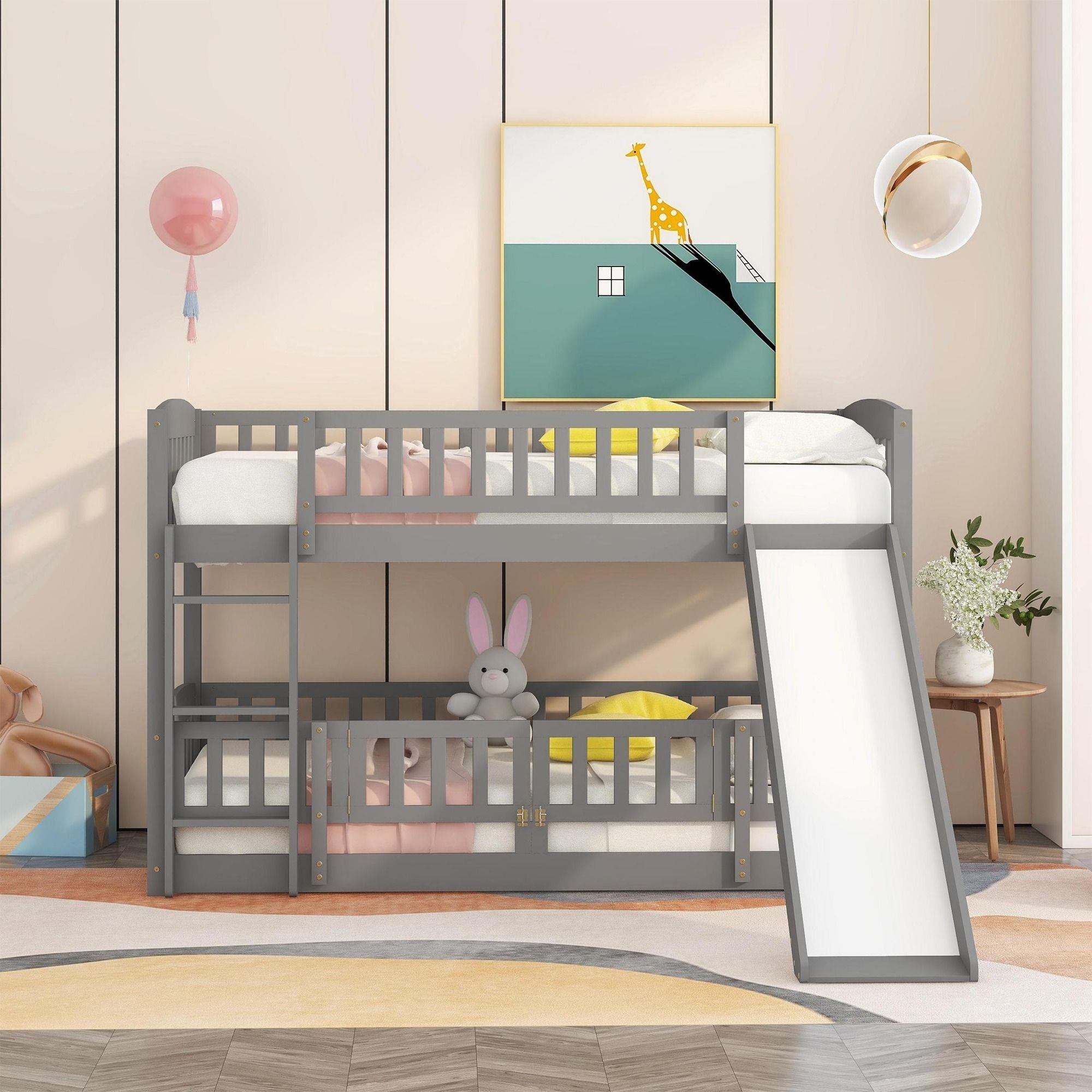 Kids Shared Room Twin Over Twin Wood Low Bunk Bed with Slide, Ladder, and Fence, White, Espresso, Grey | Just Better Bunk Beds