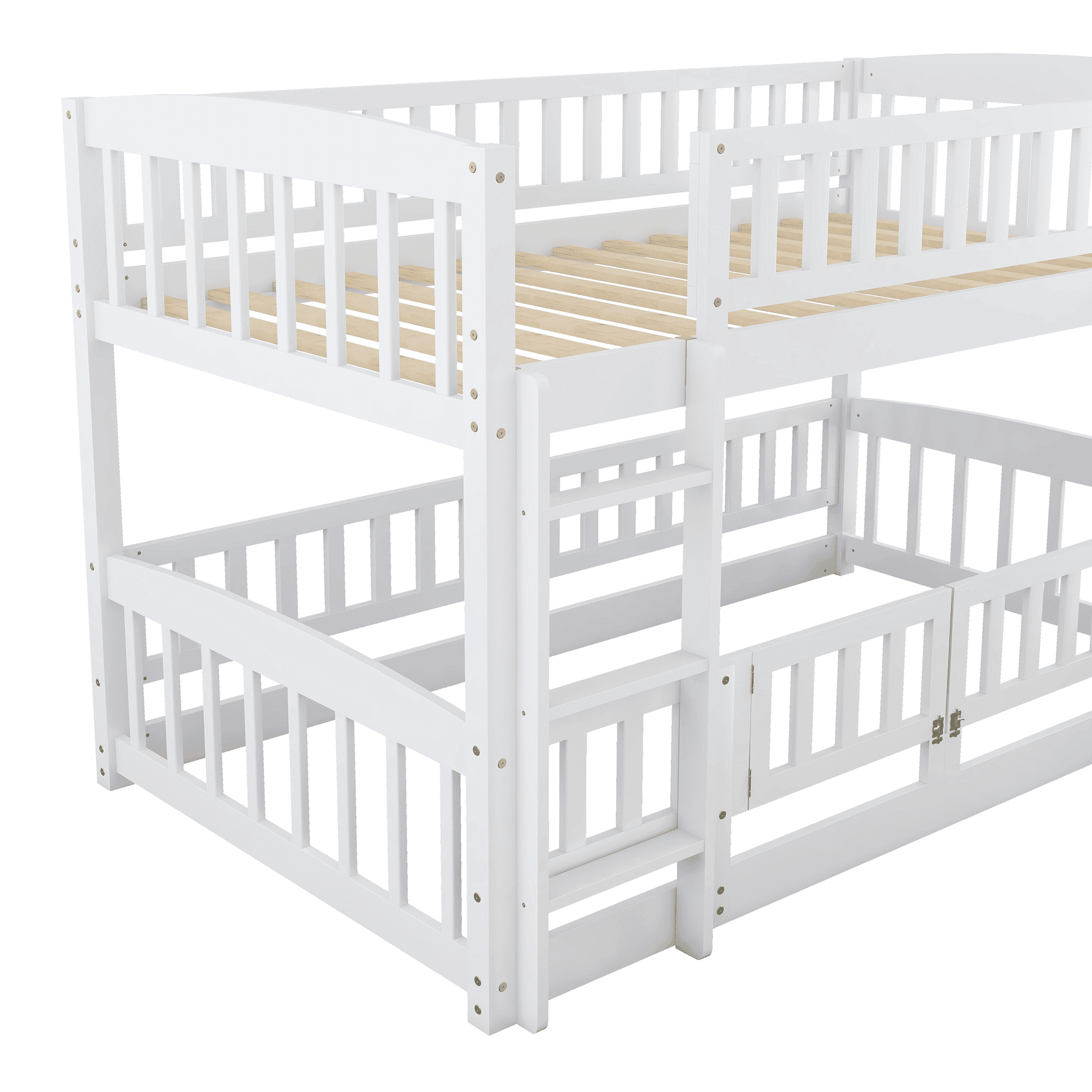 Kids Shared Room Twin Over Twin Wood Low Bunk Bed with Slide, Ladder, and Full-Length Guardrail, White | Just Better Bunk Beds