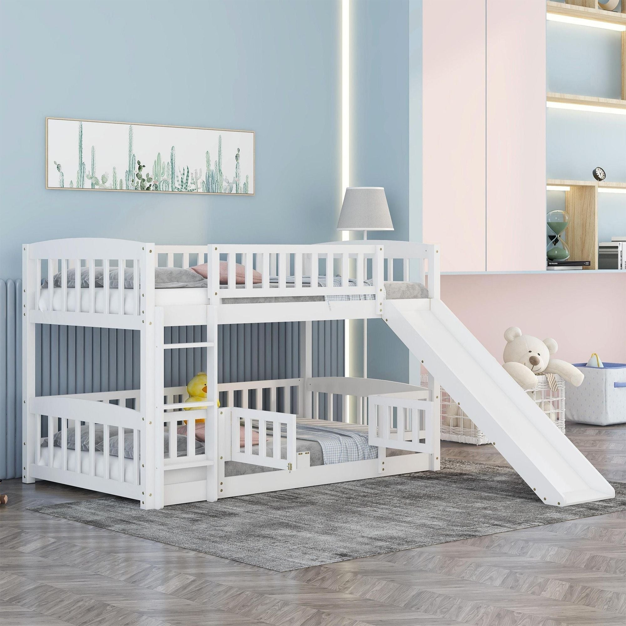 Kids Shared Room Twin Over Twin Wood Low Bunk Bed with Slide, Ladder, and Full-Length Guardrail, White | Just Better Bunk Beds