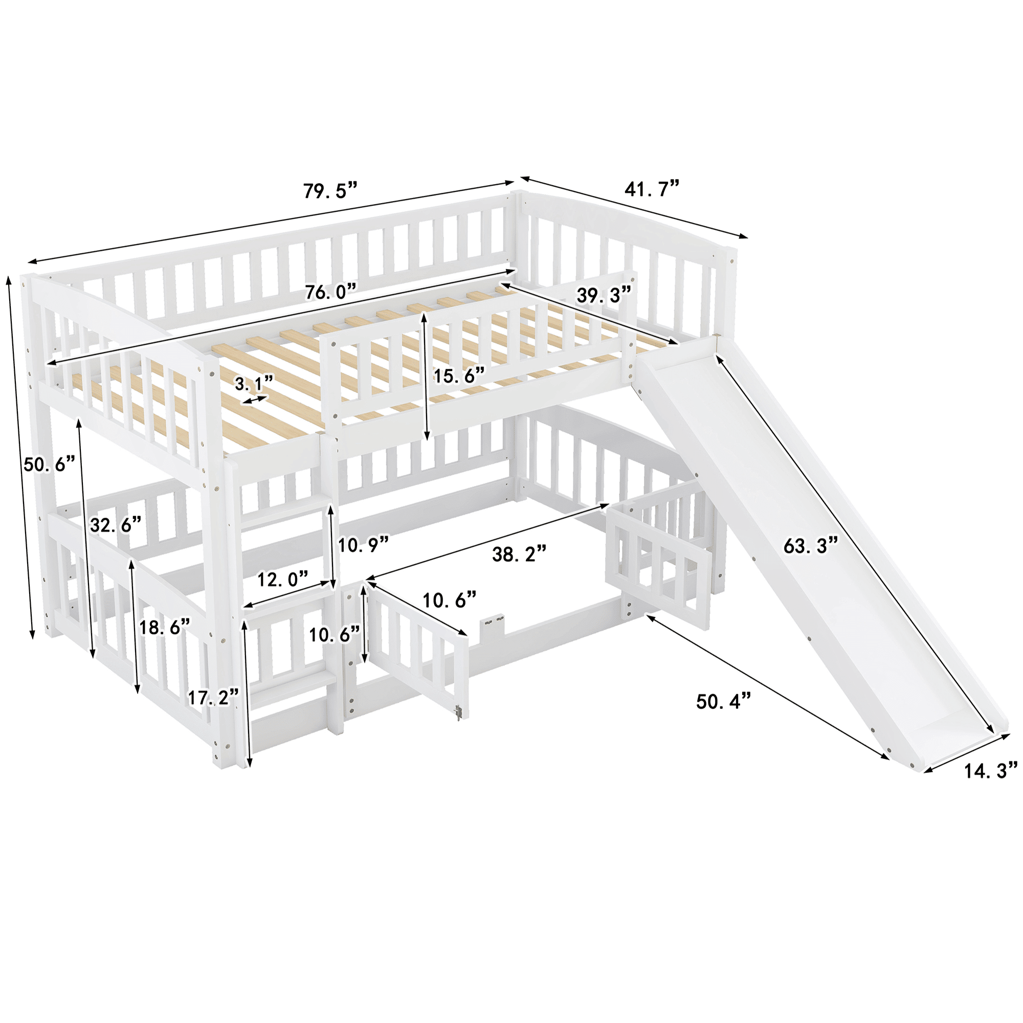 Kids Shared Room Twin Over Twin Wood Low Bunk Bed with Slide, Ladder, and Full-Length Guardrail, White | Just Better Bunk Beds