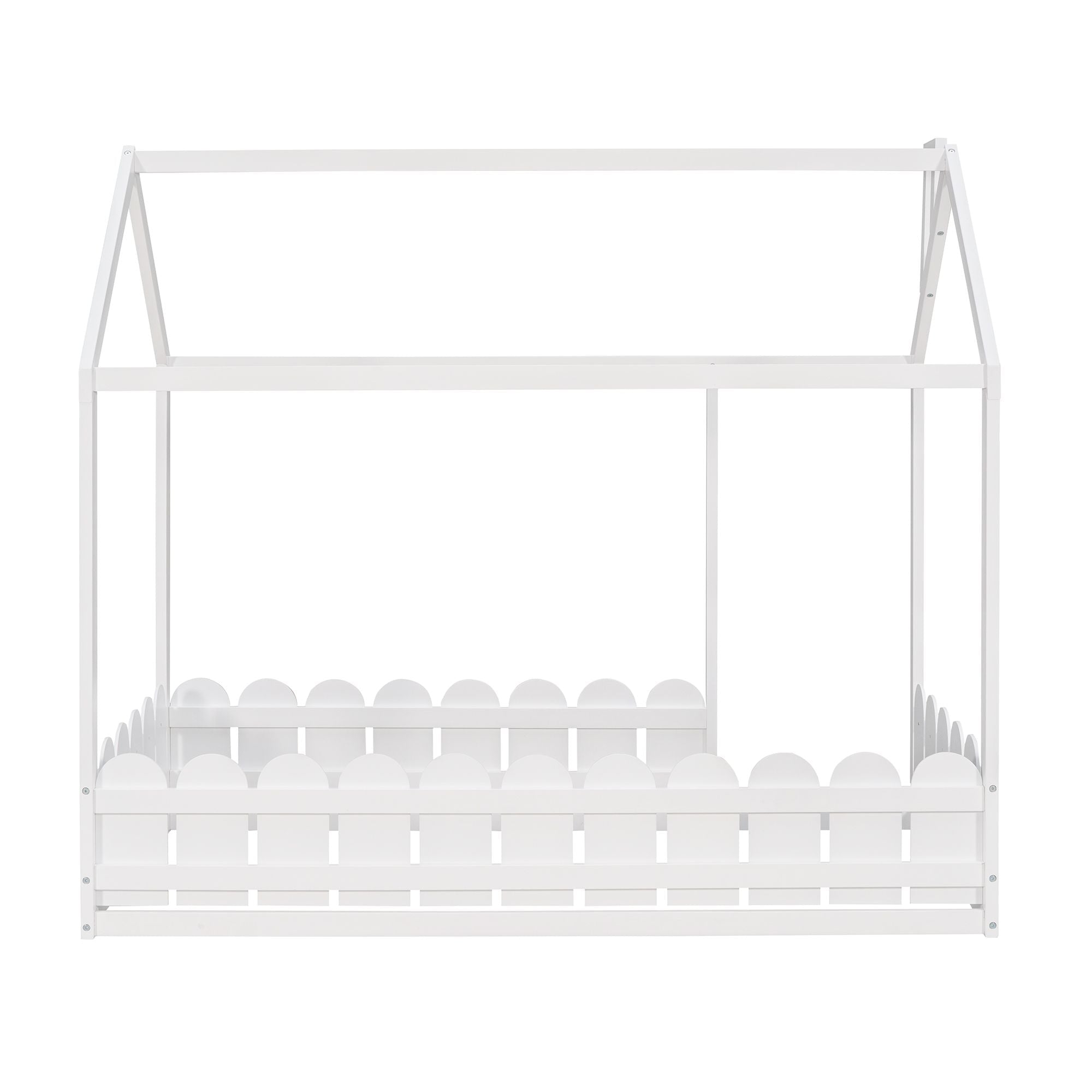 Kids Shared Room Twin Size Wood House Bed Frame with Safety Fence, Espresso Gray White | Just Better Bunk Beds