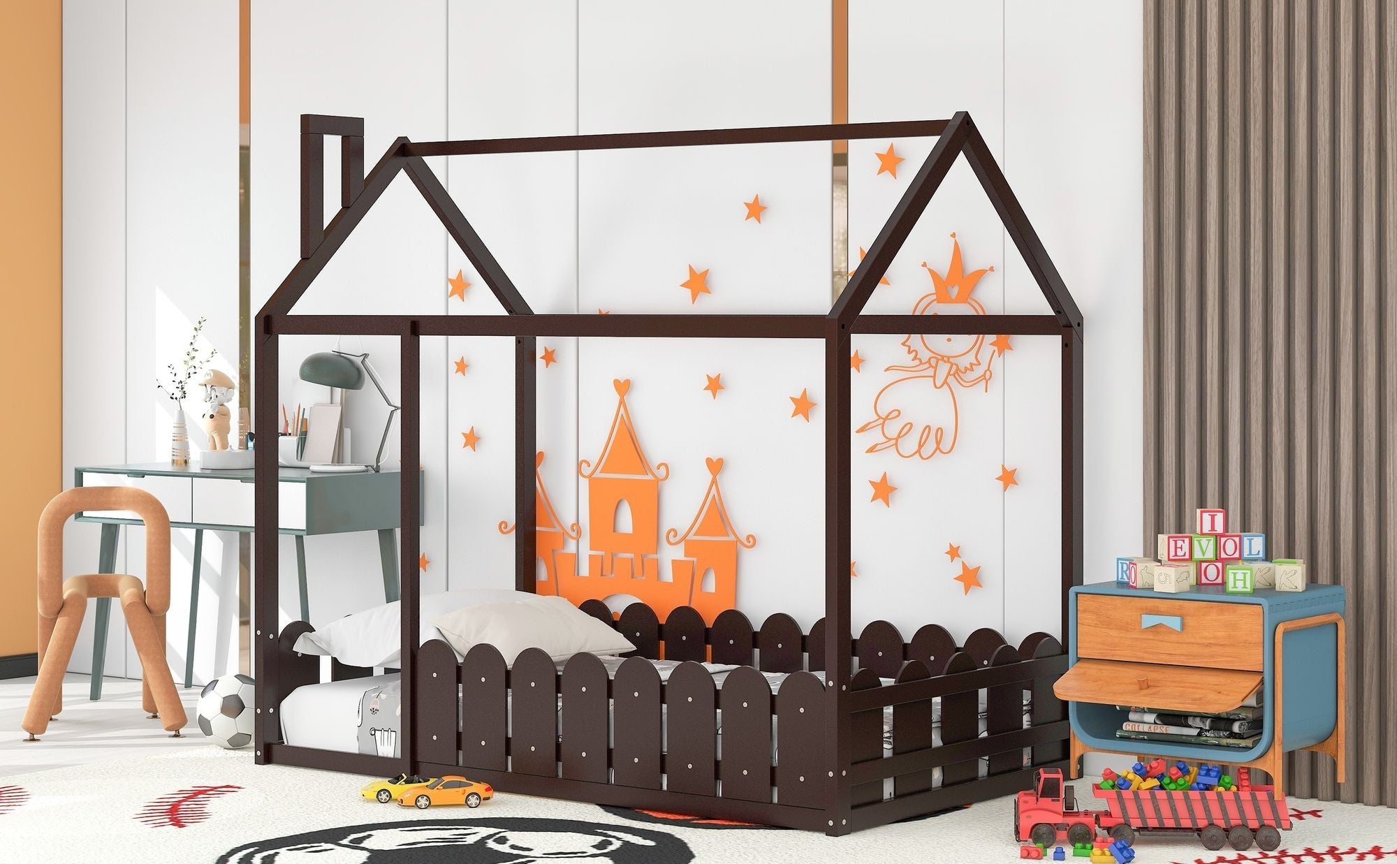 Kids Shared Room Twin Size Wood House Bed Frame with Safety Fence, Espresso Gray White | Just Better Bunk Beds