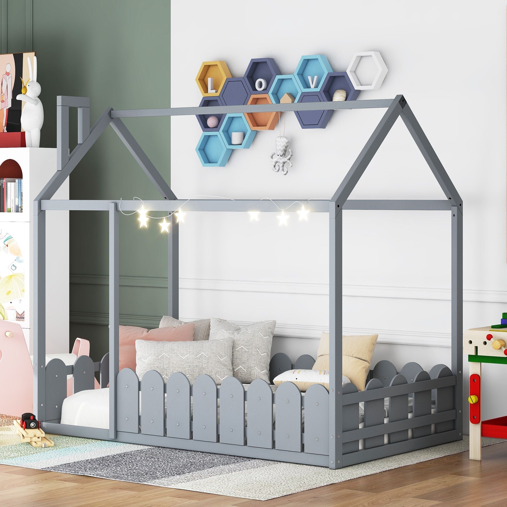 Kids Shared Room Twin Size Wood House Bed Frame with Safety Fence, Espresso Gray White | Just Better Bunk Beds