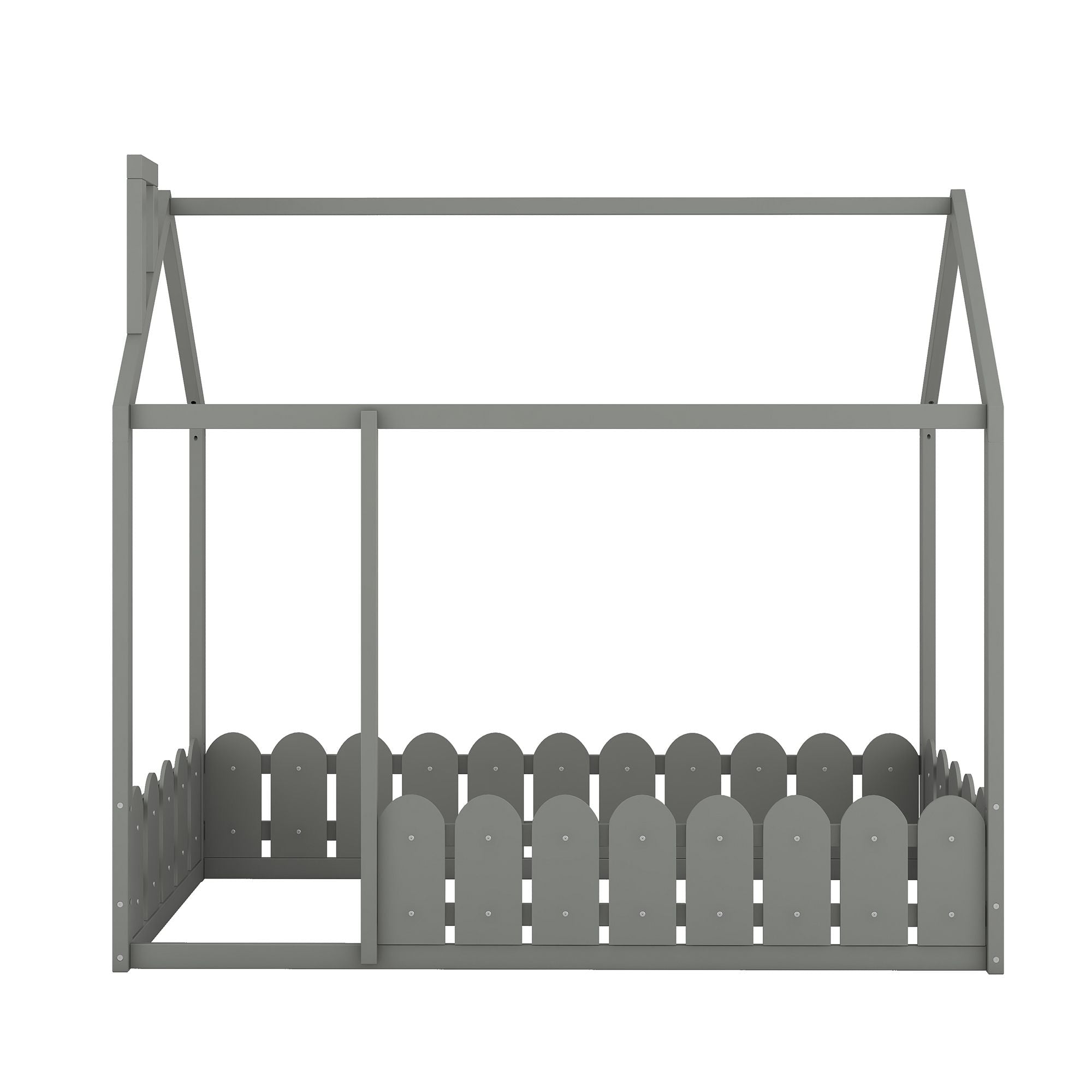 Kids Shared Room Twin Size Wood House Bed Frame with Safety Fence, Espresso Gray White | Just Better Bunk Beds