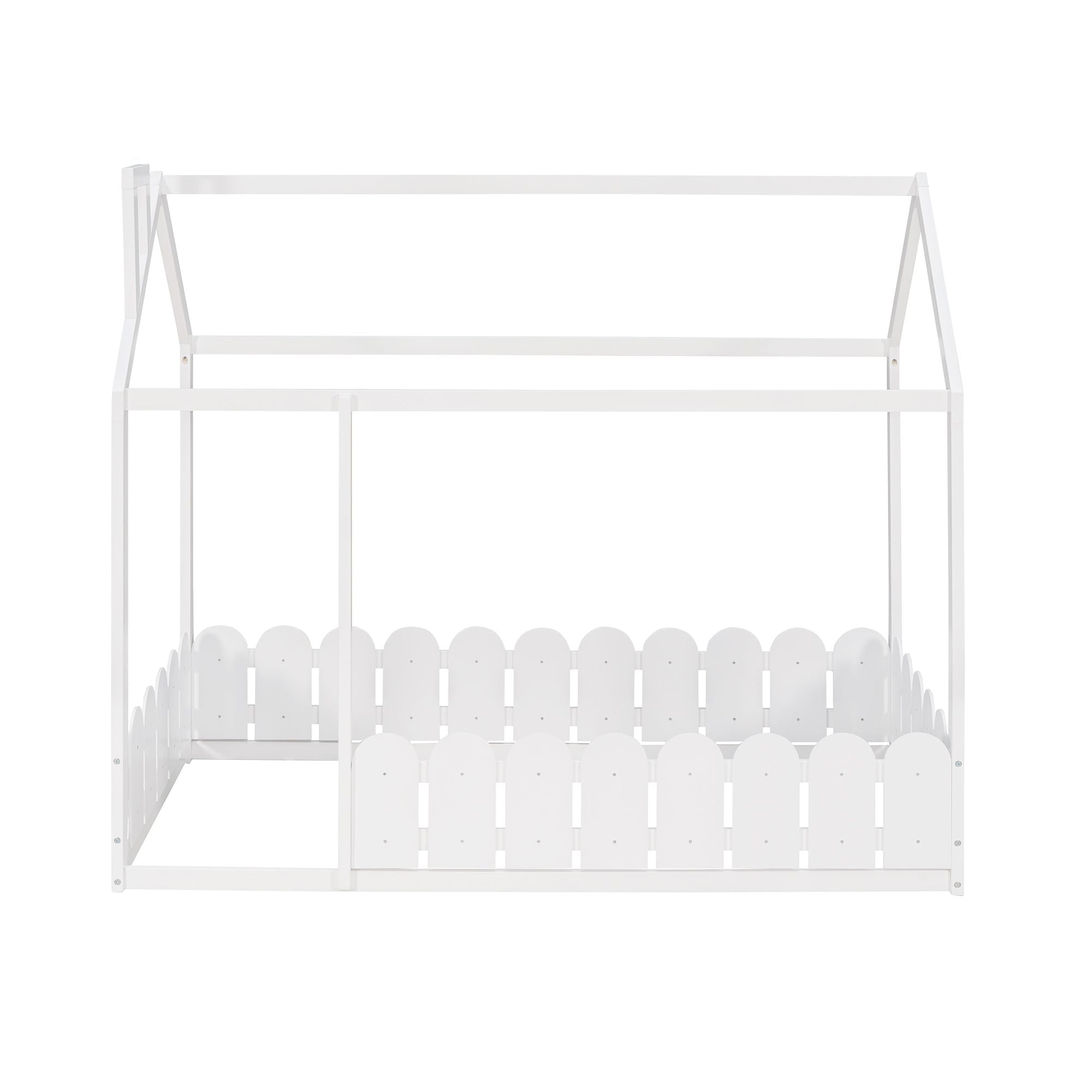 Kids Shared Room Twin Size Wood House Bed Frame with Safety Fence, Espresso Gray White | Just Better Bunk Beds