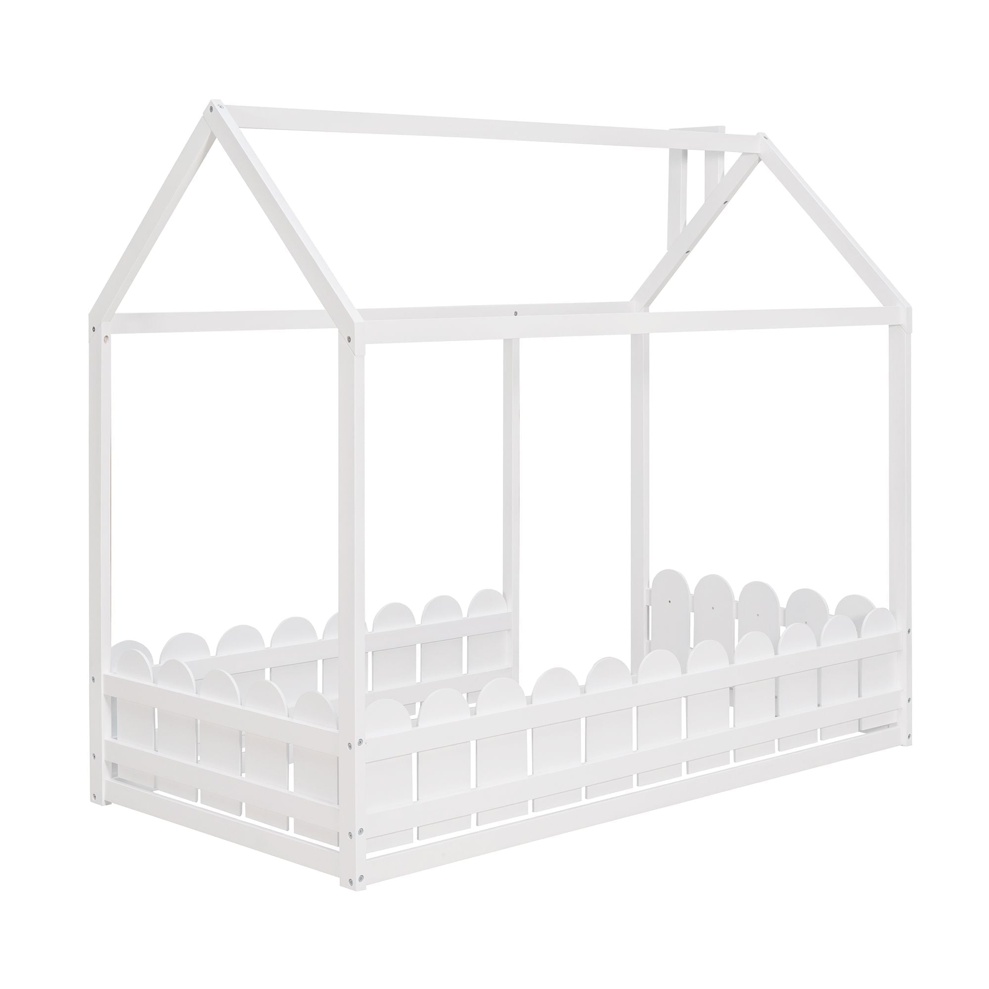 Kids Shared Room Twin Size Wood House Bed Frame with Safety Fence, Espresso Gray White | Just Better Bunk Beds