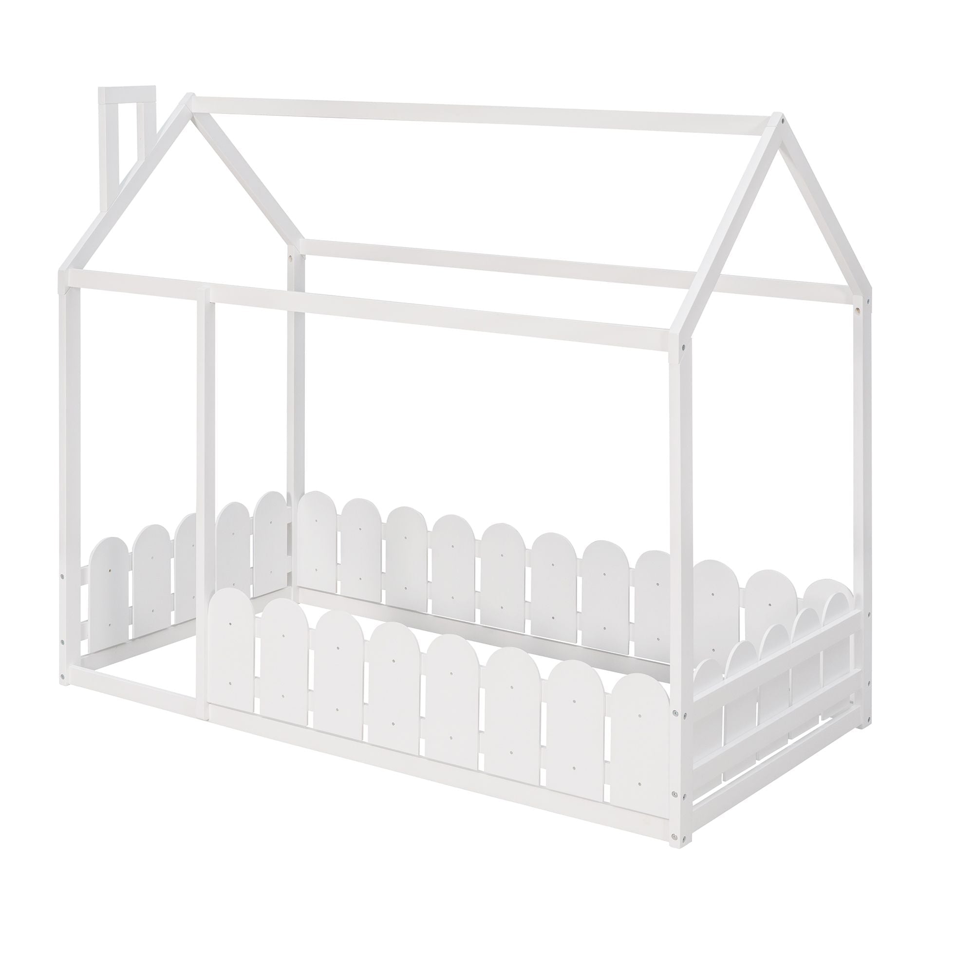 Kids Shared Room Twin Size Wood House Bed Frame with Safety Fence, Espresso Gray White | Just Better Bunk Beds