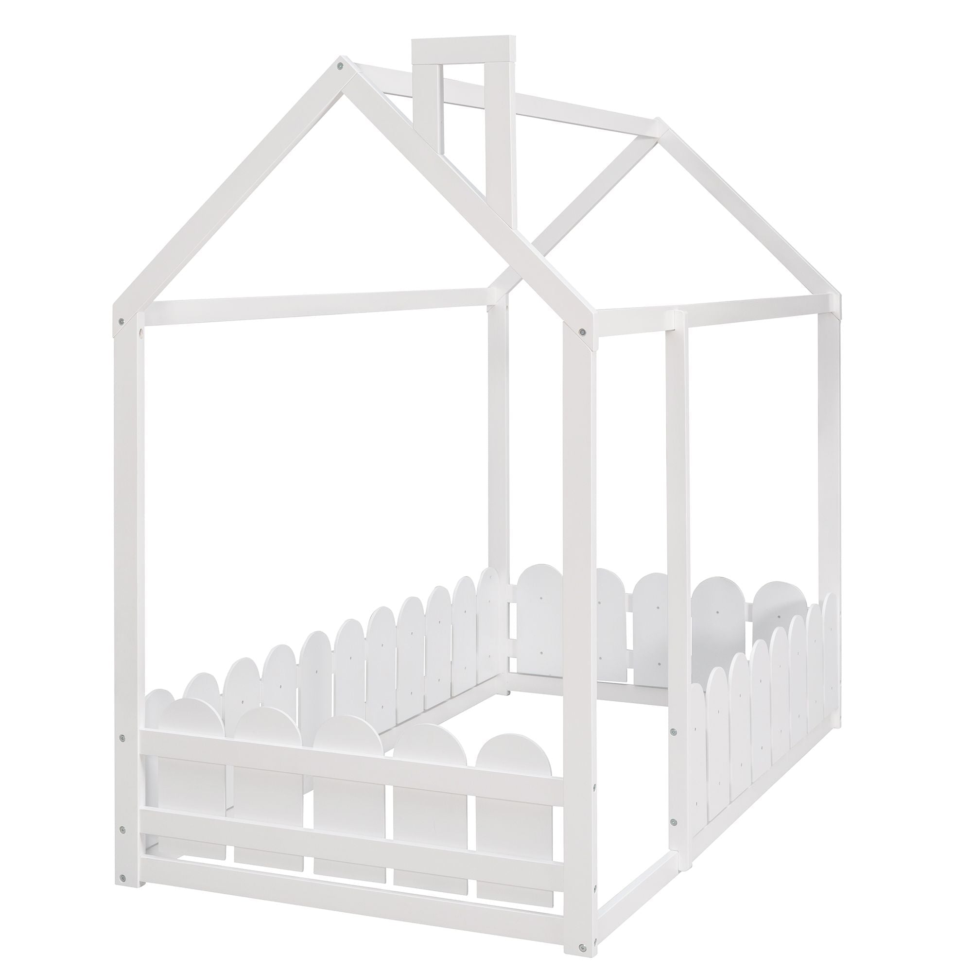 Kids Shared Room Twin Size Wood House Bed Frame with Safety Fence, Espresso Gray White | Just Better Bunk Beds