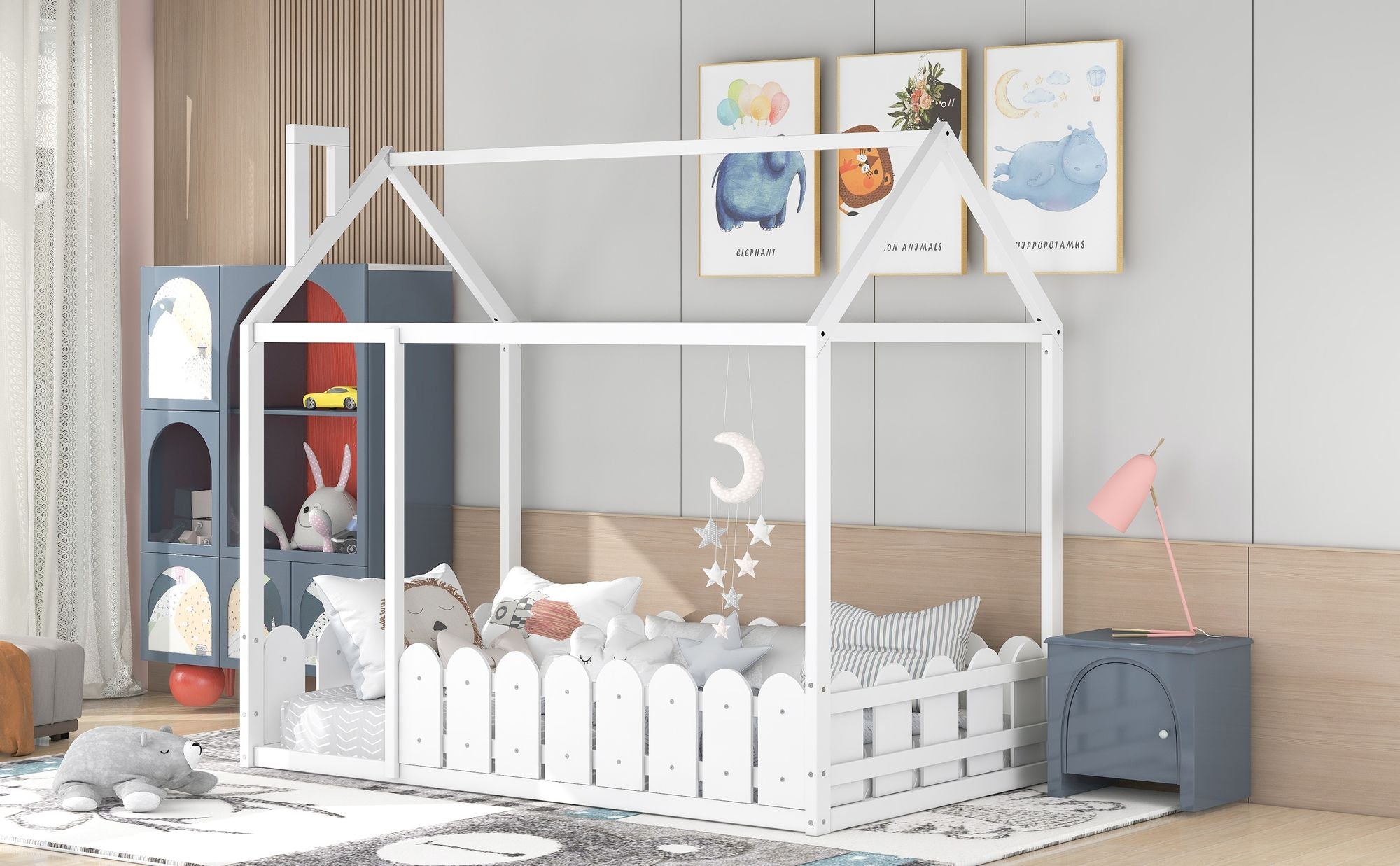 Kids Shared Room Twin Size Wood House Bed Frame with Safety Fence, Espresso Gray White | Just Better Bunk Beds