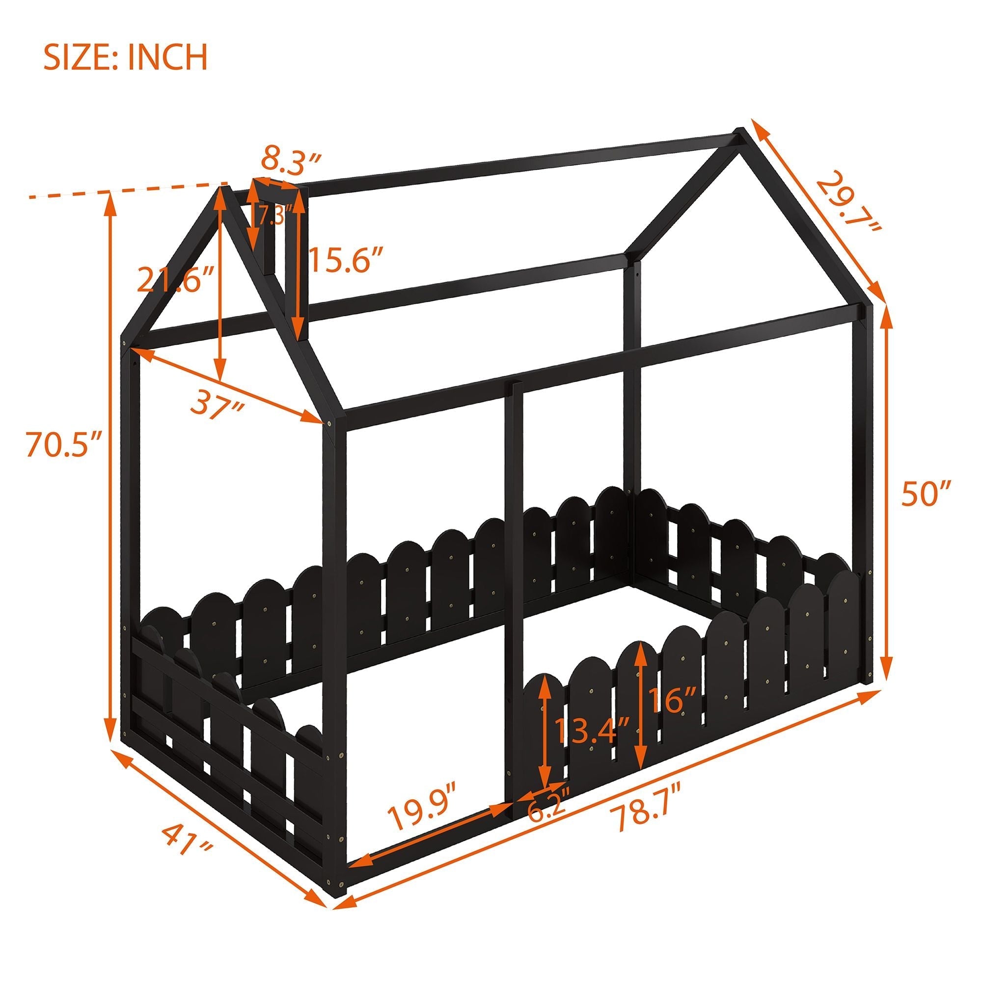 Kids Shared Room Twin Size Wood House Bed Frame with Safety Fence, Espresso Gray White | Just Better Bunk Beds