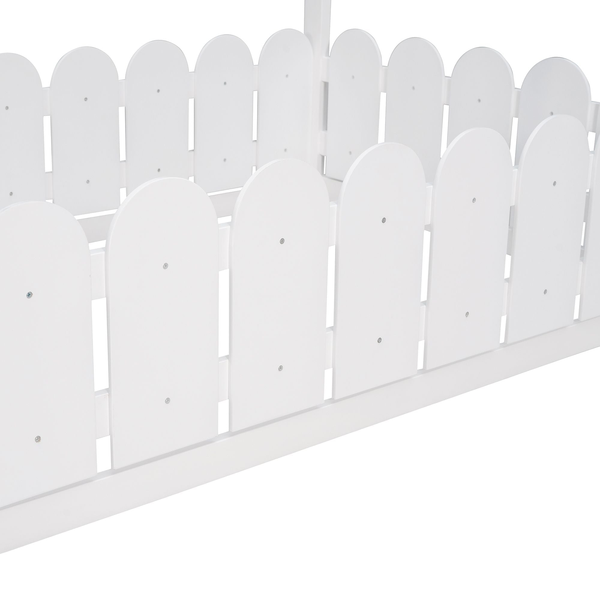 Kids Shared Room Twin Size Wood House Bed Frame with Safety Fence, Espresso Gray White | Just Better Bunk Beds