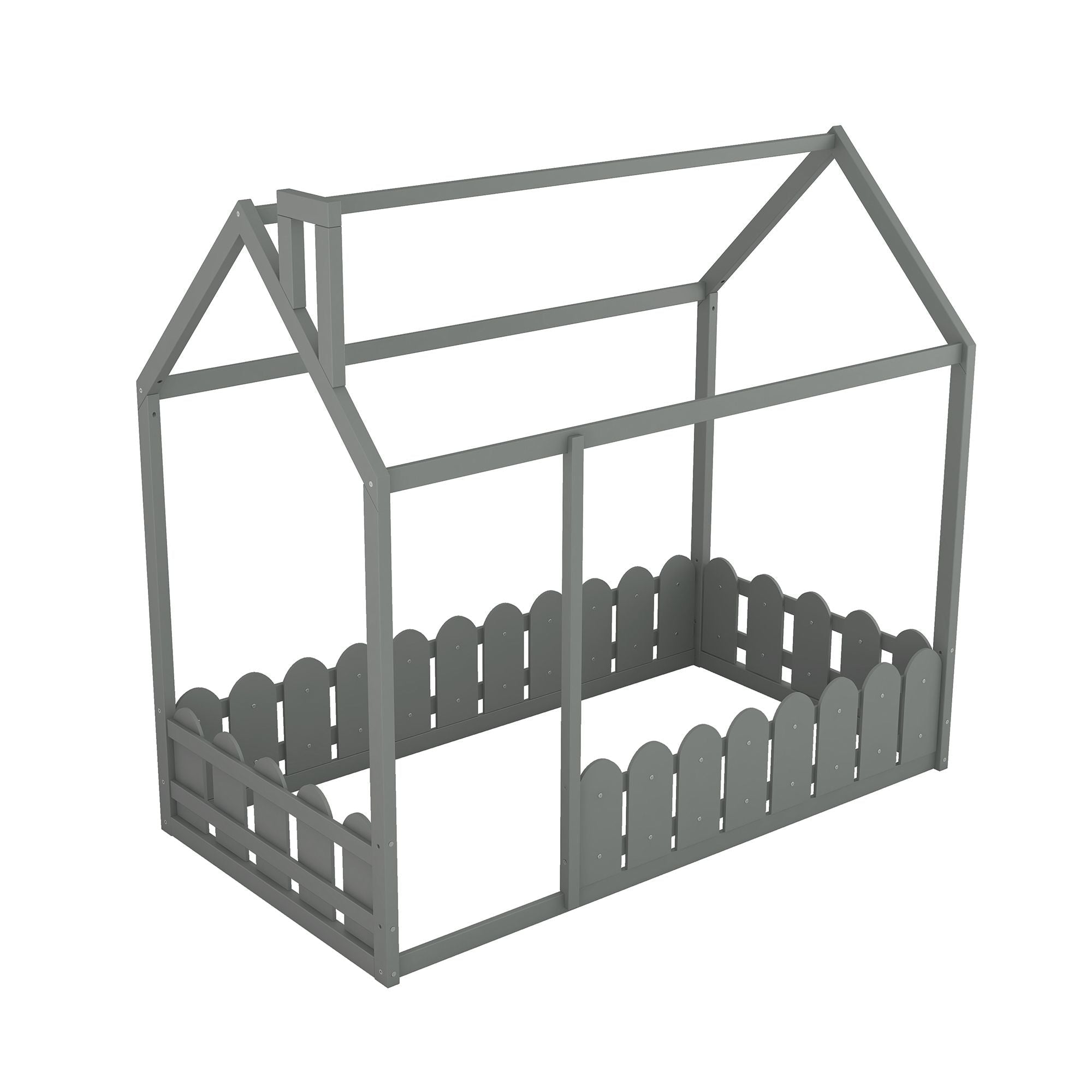 Kids Shared Room Twin Size Wood House Bed Frame with Safety Fence, Espresso Gray White | Just Better Bunk Beds