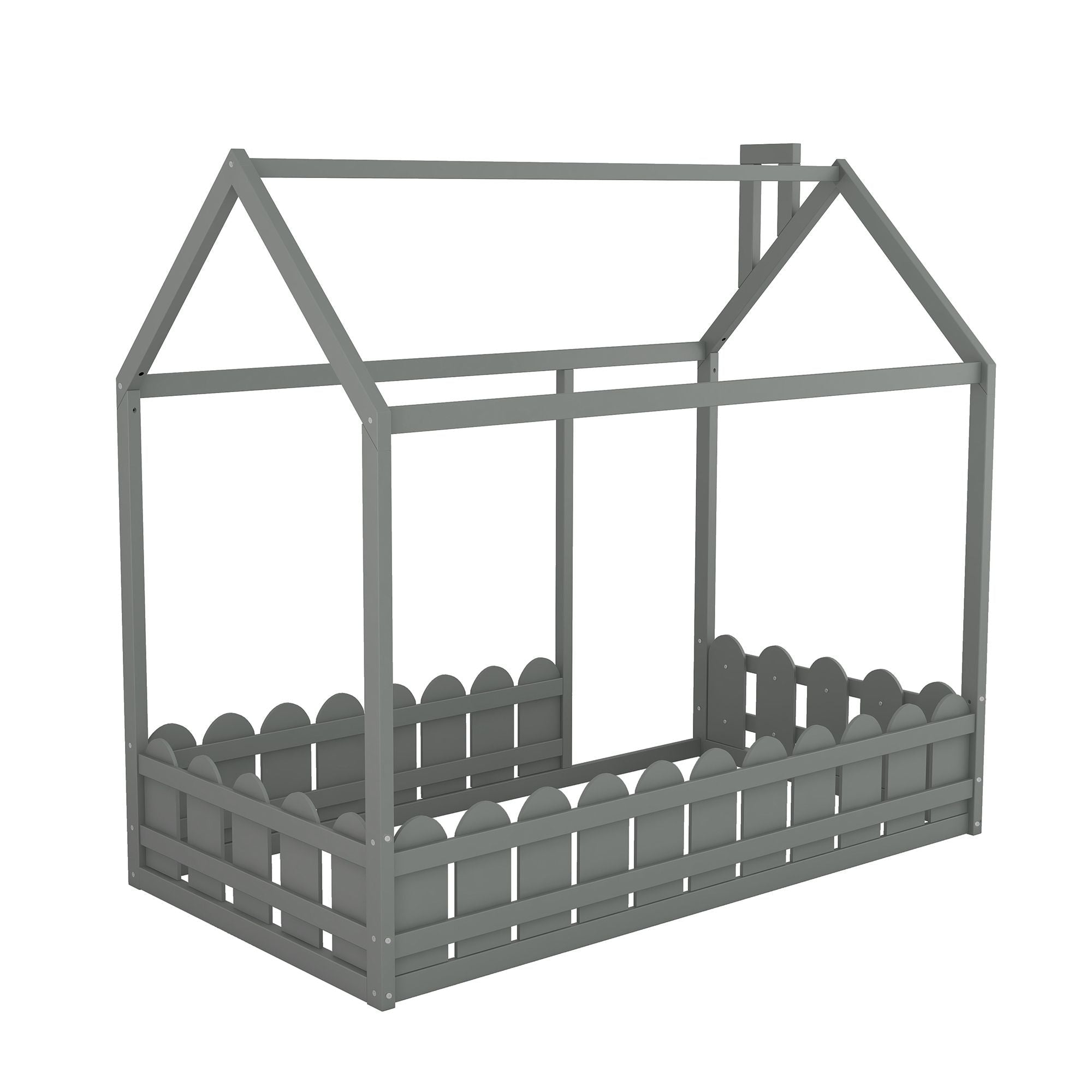 Kids Shared Room Twin Size Wood House Bed Frame with Safety Fence, Espresso Gray White | Just Better Bunk Beds