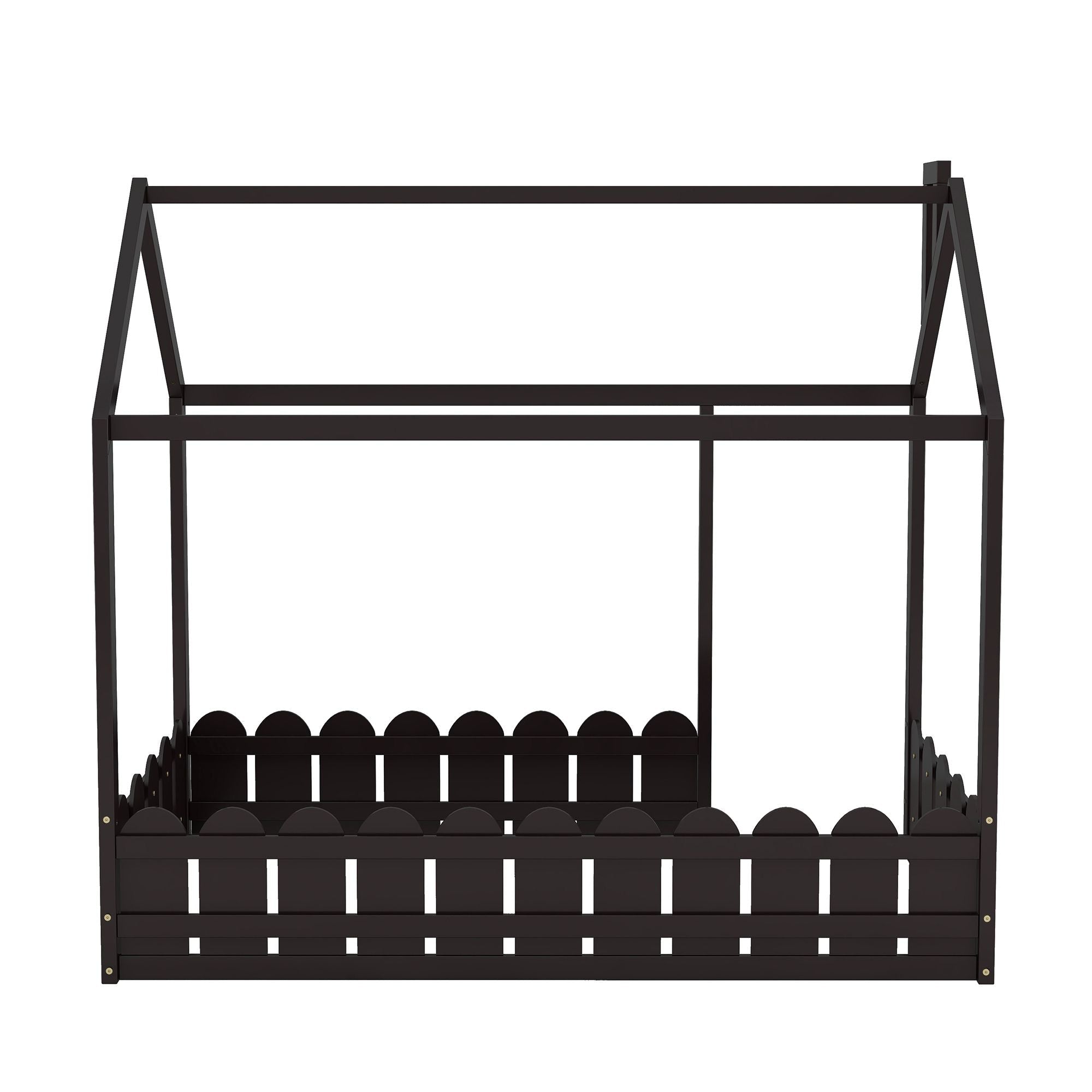 Kids Shared Room Twin Size Wood House Bed Frame with Safety Fence, Espresso Gray White | Just Better Bunk Beds