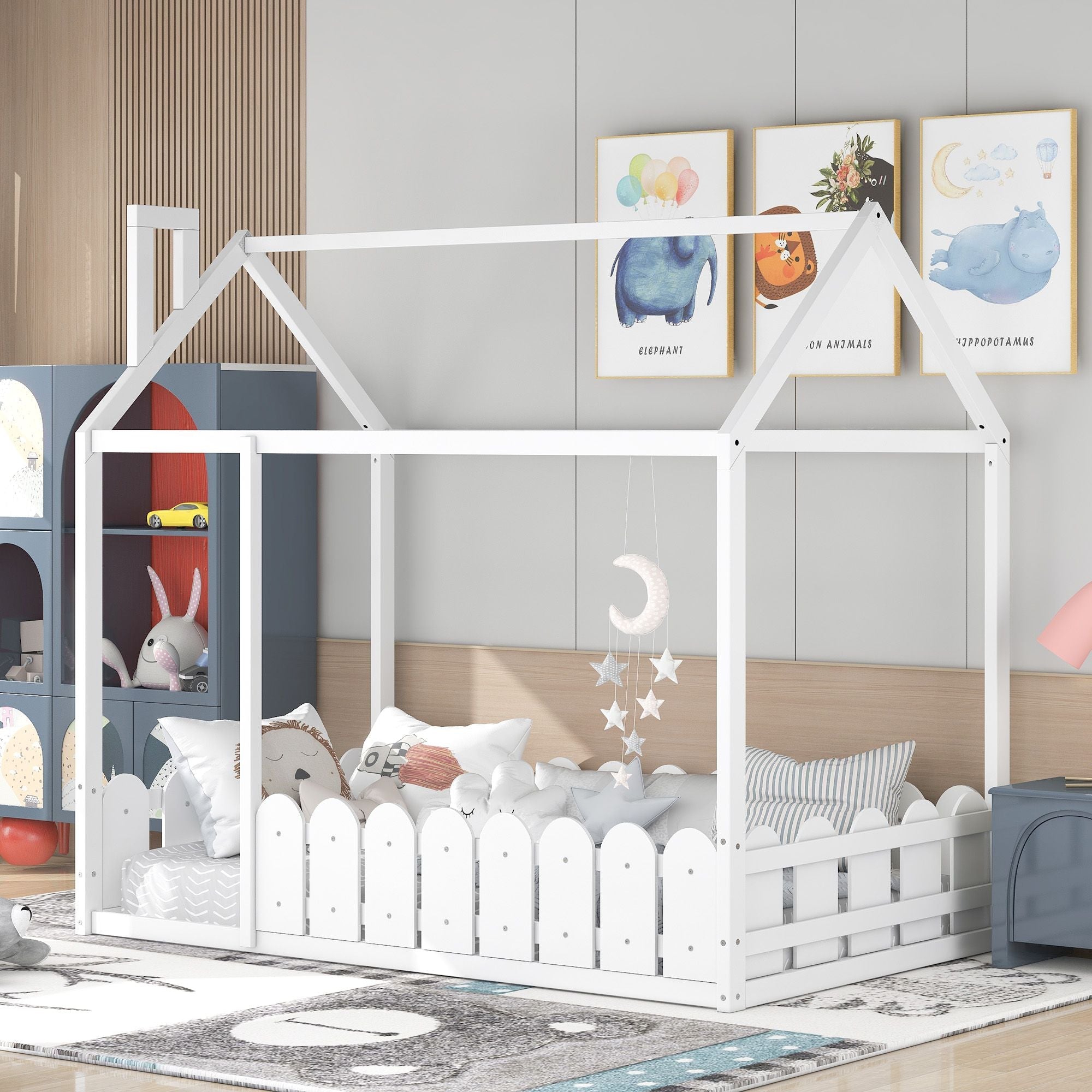 Kids Shared Room Twin Size Wood House Bed Frame with Safety Fence, Espresso Gray White | Just Better Bunk Beds
