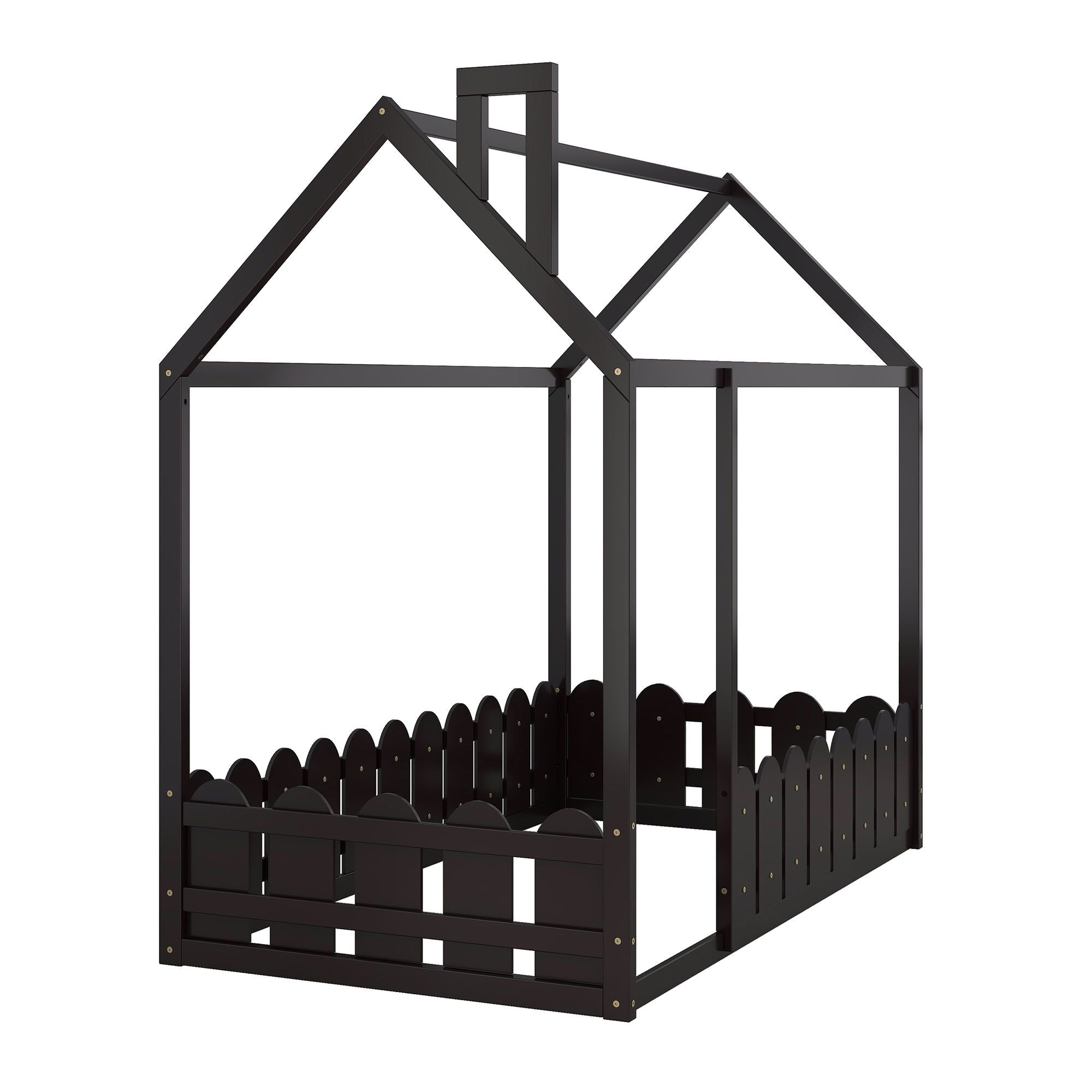 Kids Shared Room Twin Size Wood House Bed Frame with Safety Fence, Espresso Gray White | Just Better Bunk Beds