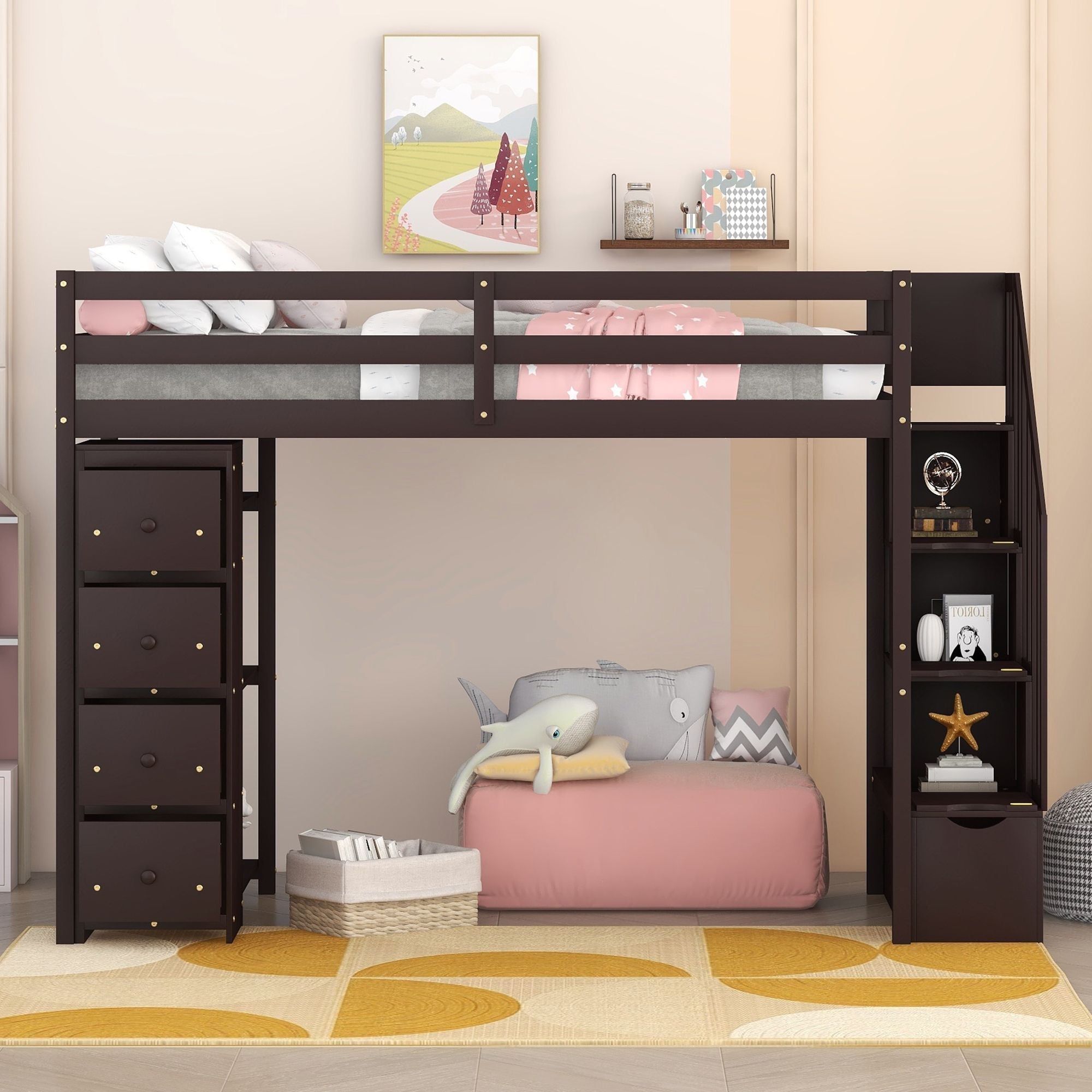 Kids Shared Room Twin Wood Loft Bed with Storage Drawers and Stairs, Espresso, White, or Gray | Just Better Bunk Beds