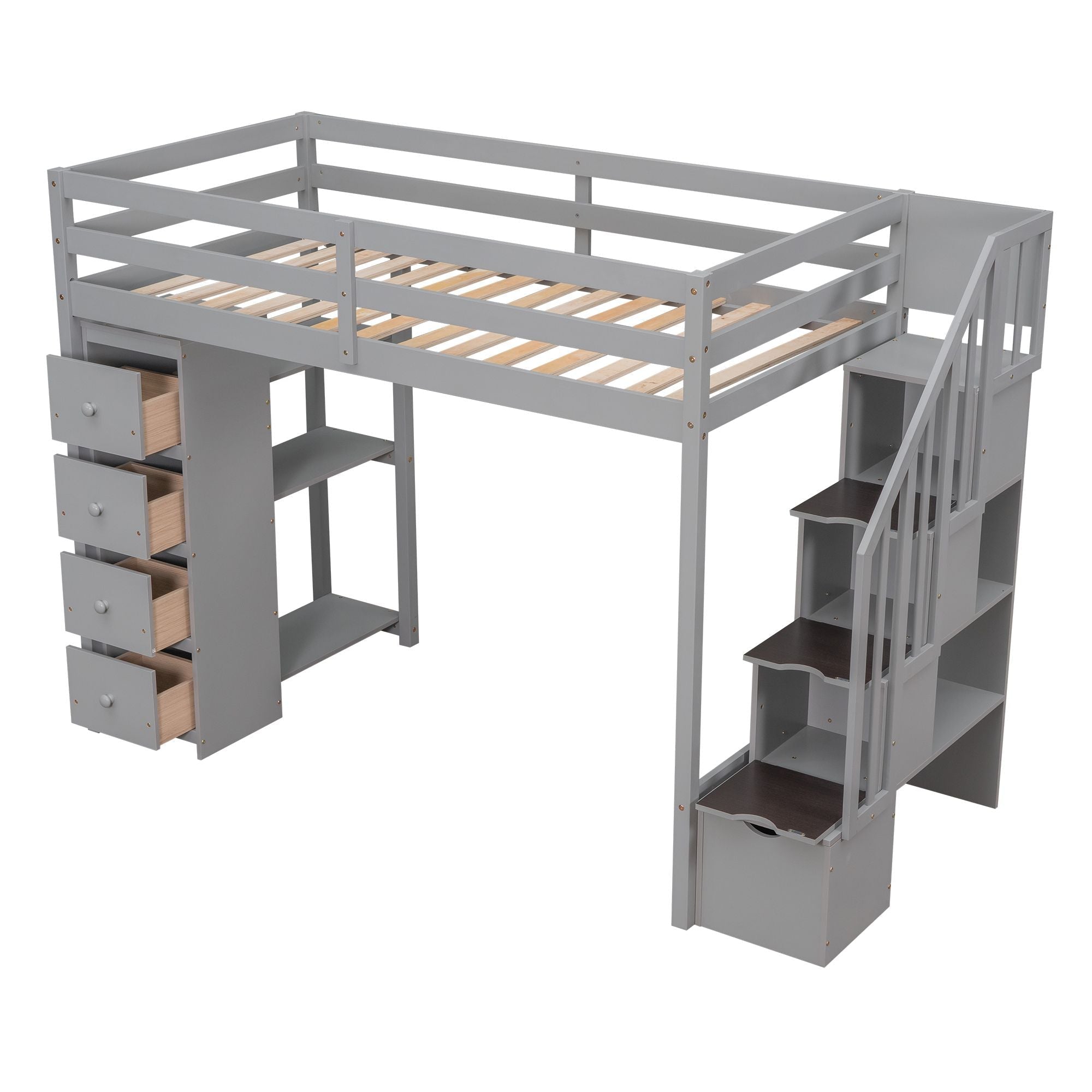 Kids Shared Room Twin Wood Loft Bed with Storage Drawers and Stairs, Espresso, White, or Gray | Just Better Bunk Beds