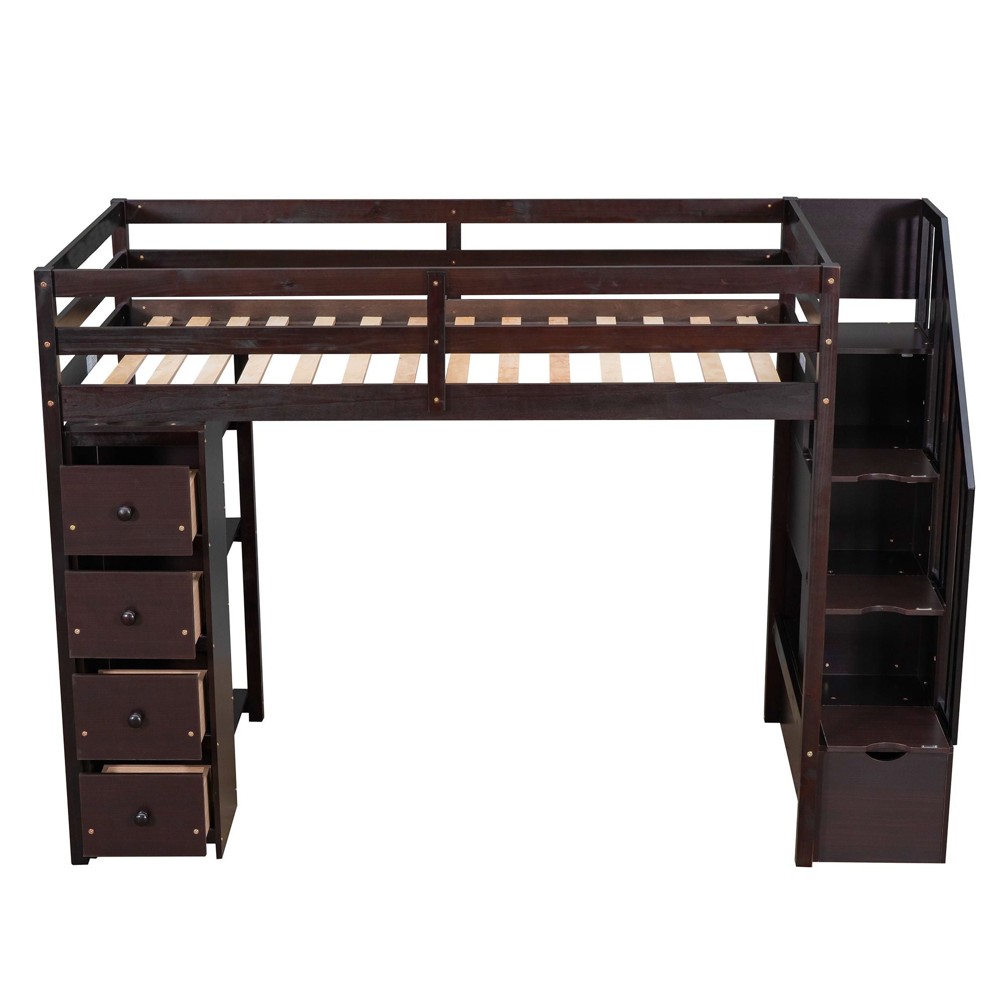 Kids Shared Room Twin Wood Loft Bed with Storage Drawers and Stairs, Espresso, White, or Gray | Just Better Bunk Beds