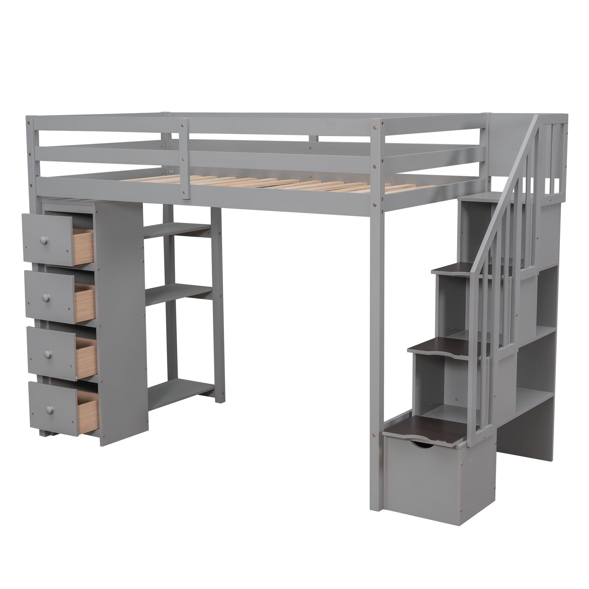 Kids Shared Room Twin Wood Loft Bed with Storage Drawers and Stairs, Espresso, White, or Gray | Just Better Bunk Beds