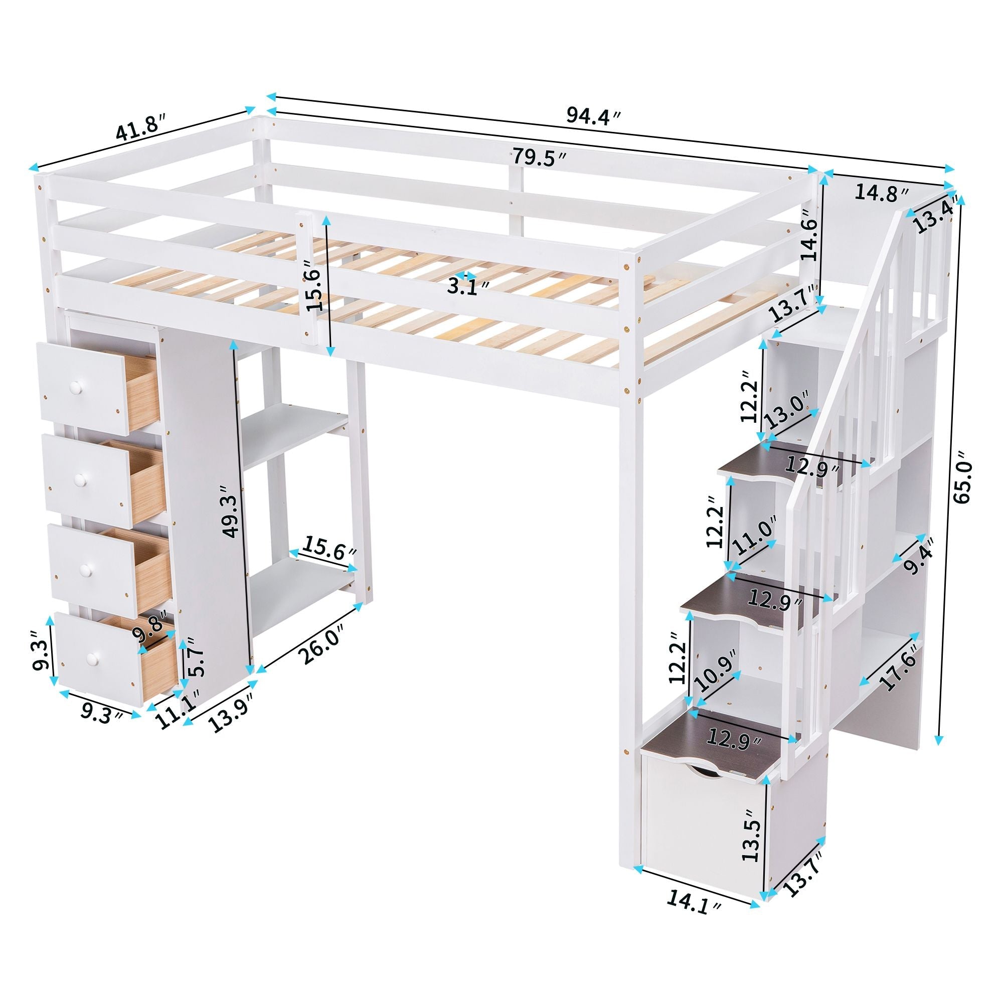 Kids Shared Room Twin Wood Loft Bed with Storage Drawers and Stairs, Espresso, White, or Gray | Just Better Bunk Beds