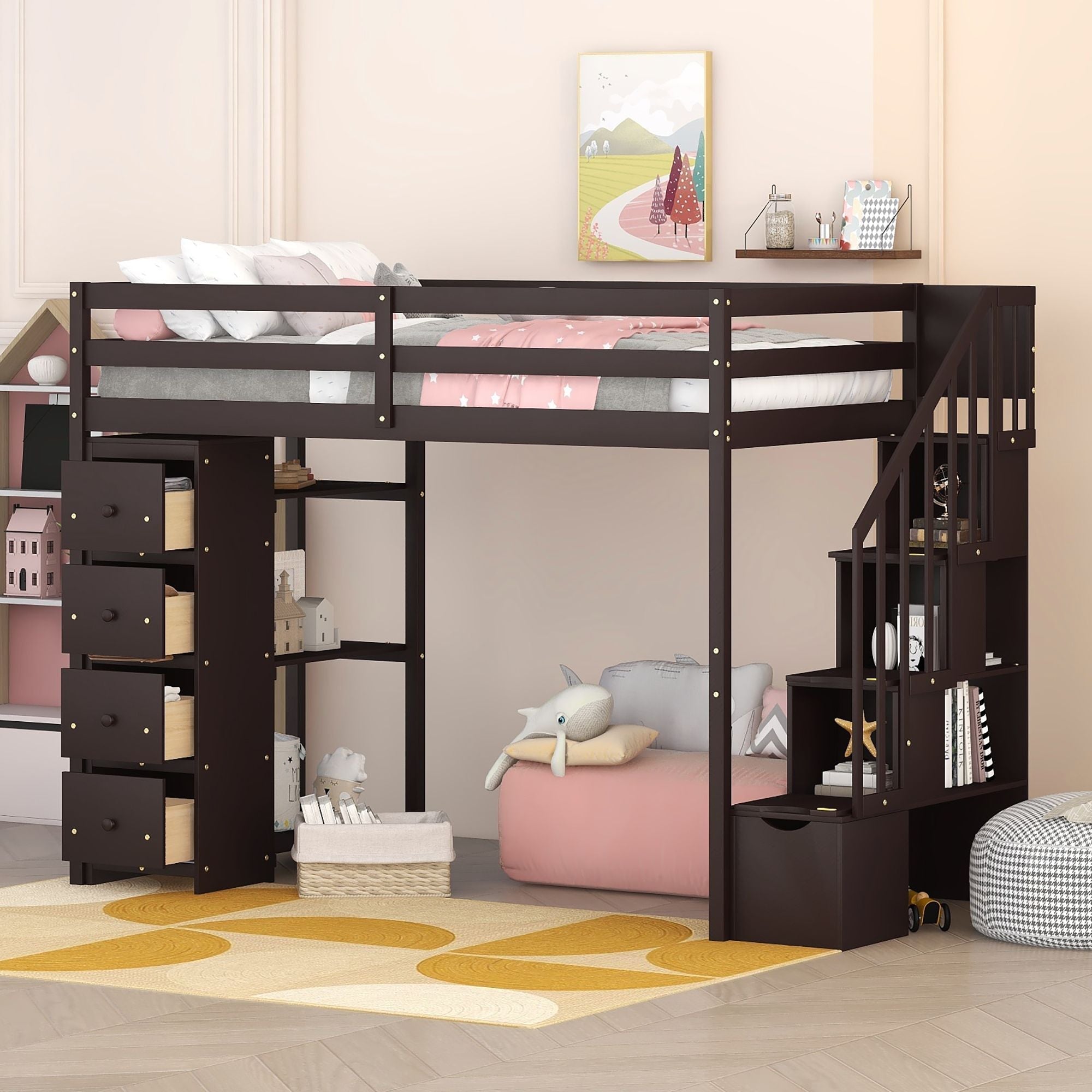 Kids Shared Room Twin Wood Loft Bed with Storage Drawers and Stairs, Espresso, White, or Gray | Just Better Bunk Beds