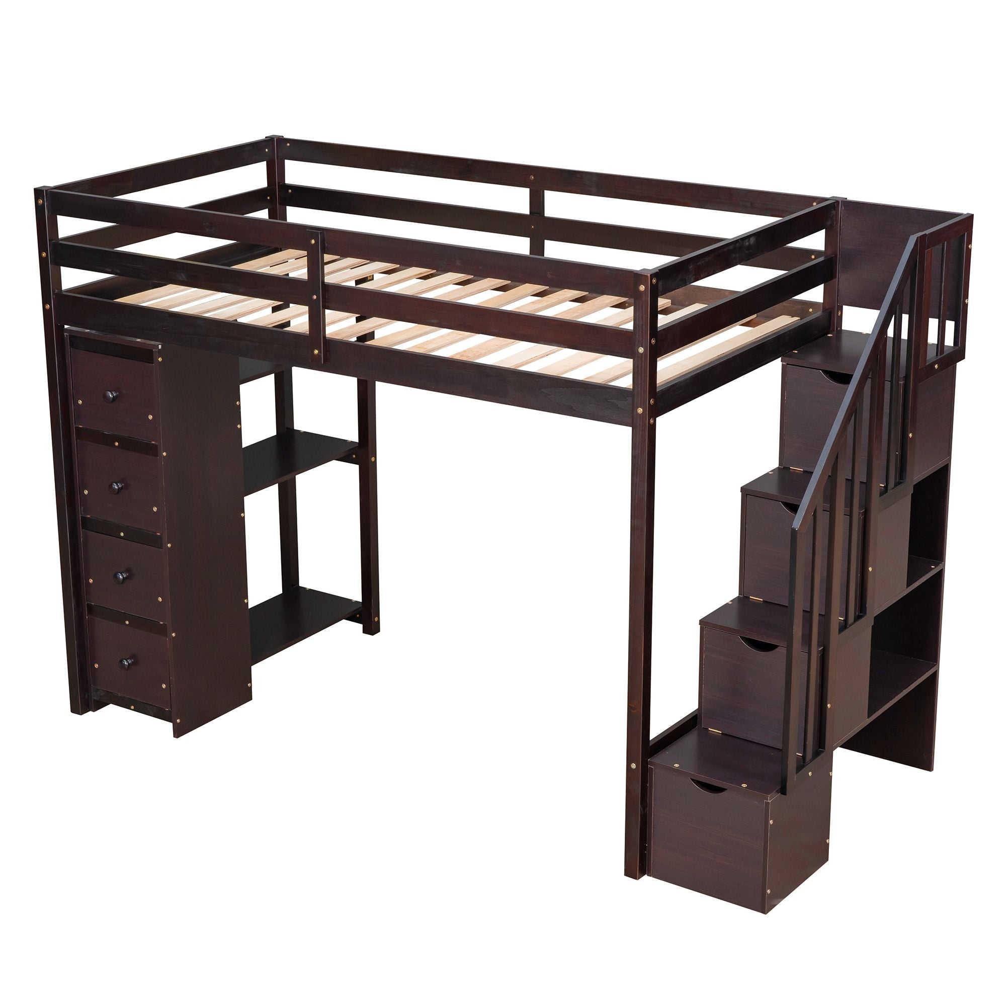 Kids Shared Room Twin Wood Loft Bed with Storage Drawers and Stairs, Espresso, White, or Gray | Just Better Bunk Beds