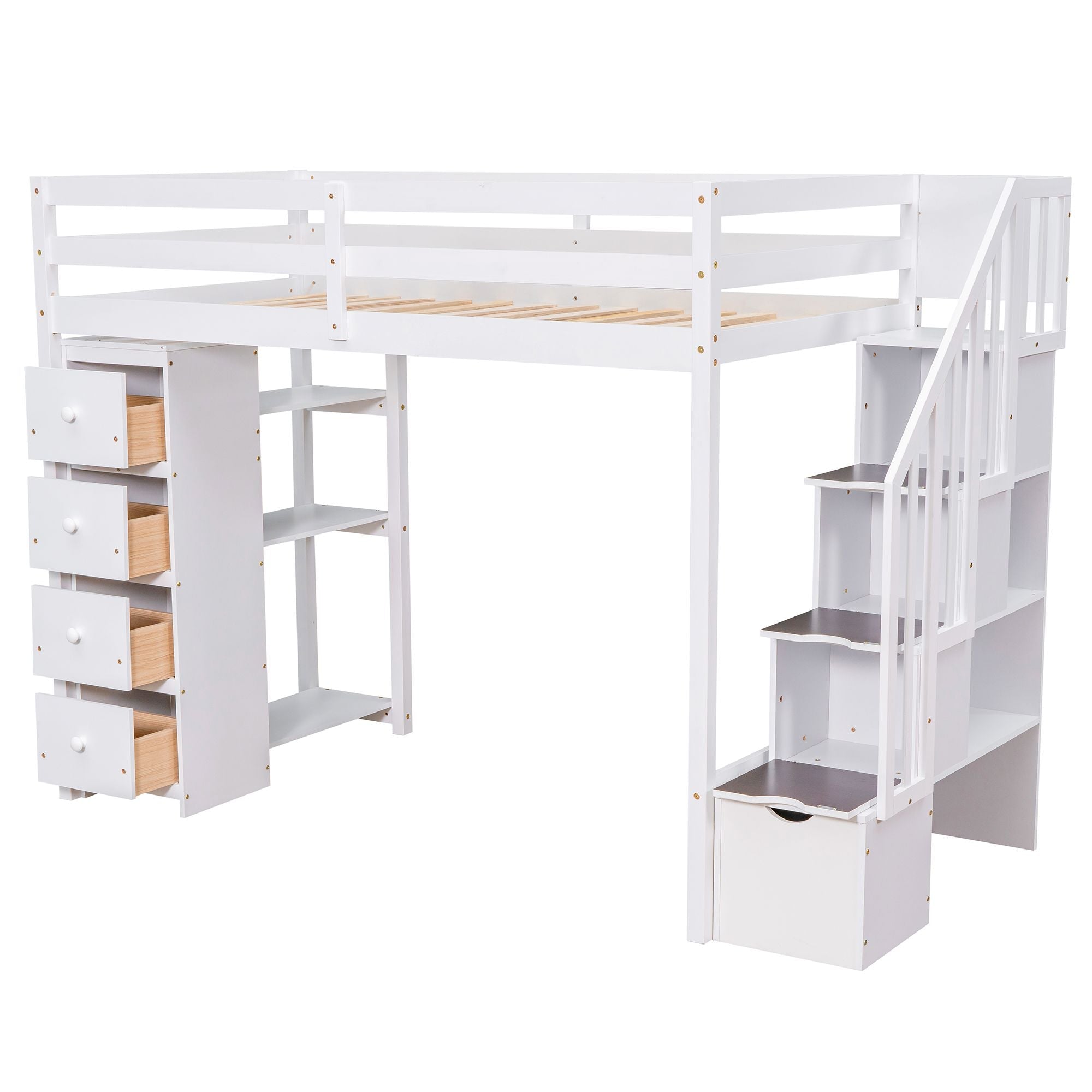 Kids Shared Room Twin Wood Loft Bed with Storage Drawers and Stairs, Espresso, White, or Gray | Just Better Bunk Beds
