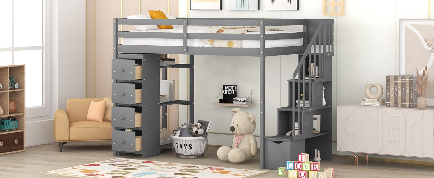 Kids Shared Room Twin Wood Loft Bed with Storage Drawers and Stairs, Espresso, White, or Gray | Just Better Bunk Beds