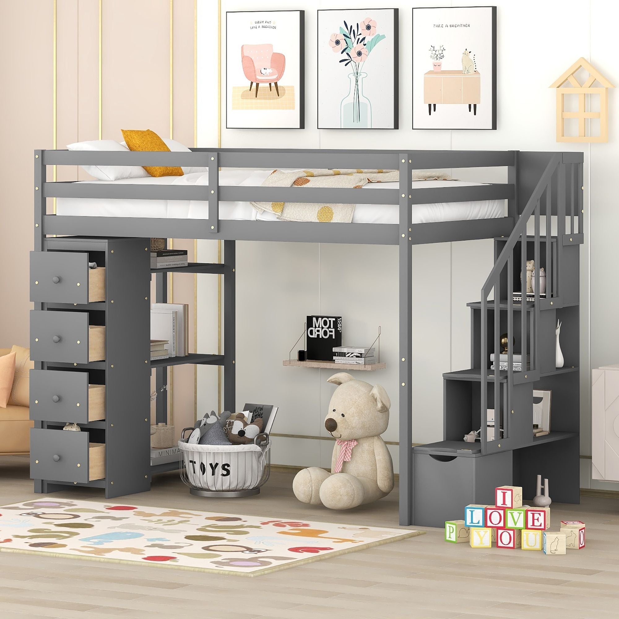 Kids Shared Room Twin Wood Loft Bed with Storage Drawers and Stairs, Espresso, White, or Gray | Just Better Bunk Beds