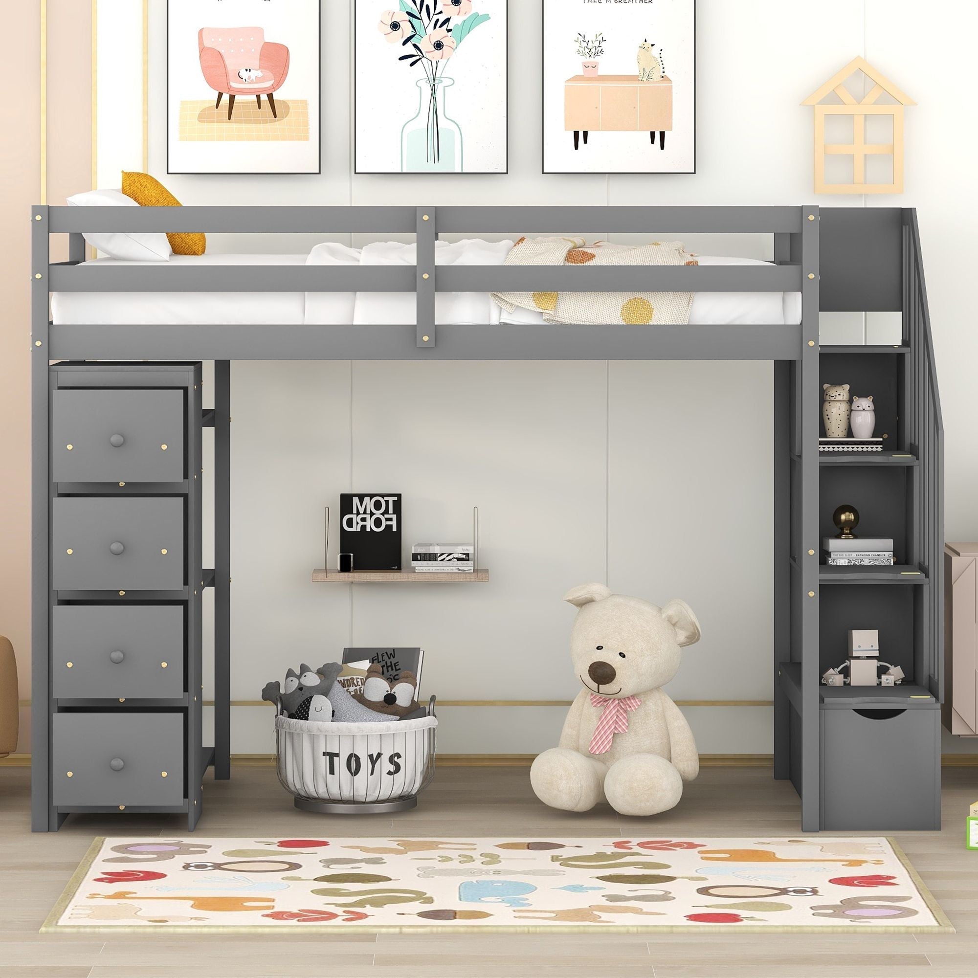 Kids Shared Room Twin Wood Loft Bed with Storage Drawers and Stairs, Espresso, White, or Gray | Just Better Bunk Beds